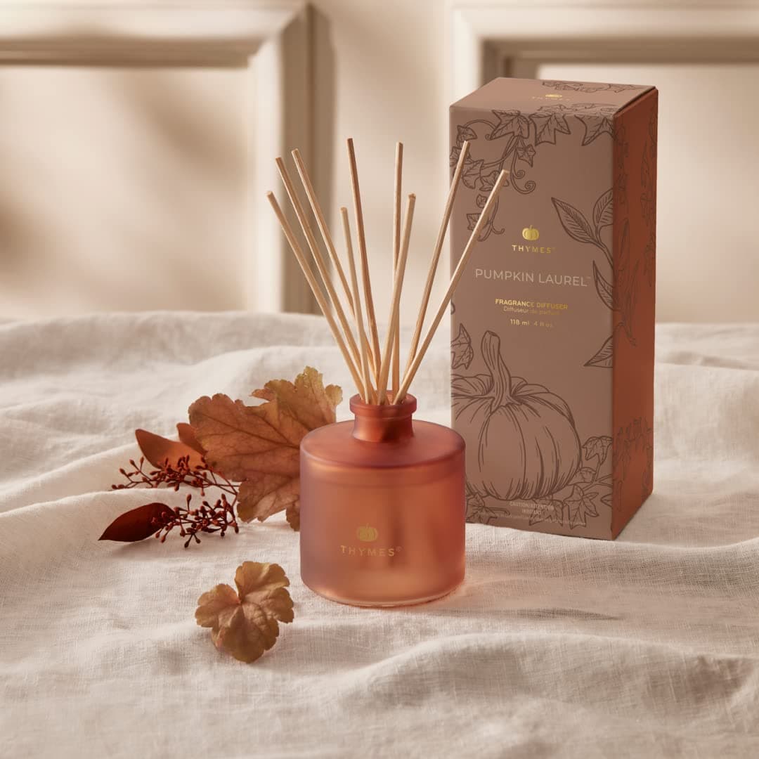 Thymes Pumpkin Laurel Petite Reed Diffuser - Home Fragrance Diffuser Set with Reed Diffuser Sticks, Fragrance Oil, and Frosted Glass Bottle Oil Diffuser - Burnt Orange Aromatherapy Diffuser (4 fl oz)