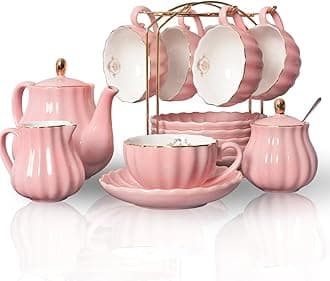 Sweejar Porcelain Tea Sets British Royal Series, 8 OZ Cups & Saucer Service for 6, with Teapot Sugar Bowl Cream Pitcher Teaspoons and Tea Strainer, Suitable for High Tea, Wedding, Party (Pink)
