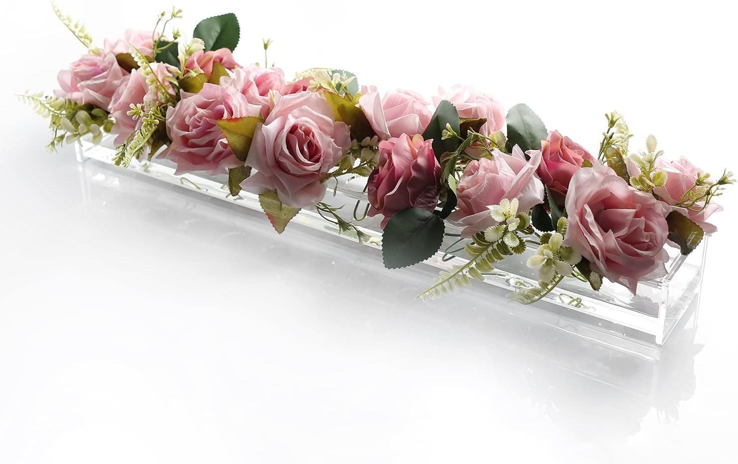 E&F Modern Designs Rectangular Floral Centerpiece for Dining Table - 24 Inches Long Rectangle Vase - Acrylic Clear Vase - Low Laying Unique Flower Vases for Weddings