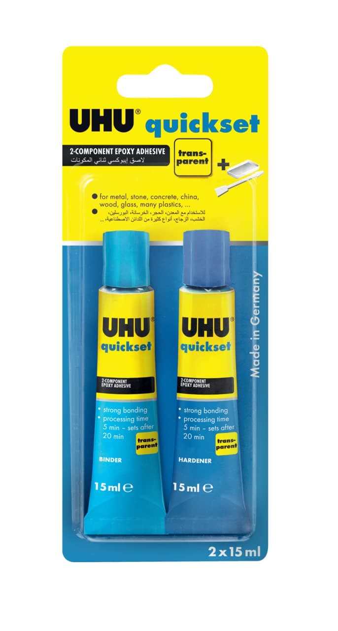 UHU Quickset Plus 5 Min, Universal, Fast And Strong, 2 Component Epoxy Resin Repair Glue, 2 Tubes X 15 Ml, Transparent