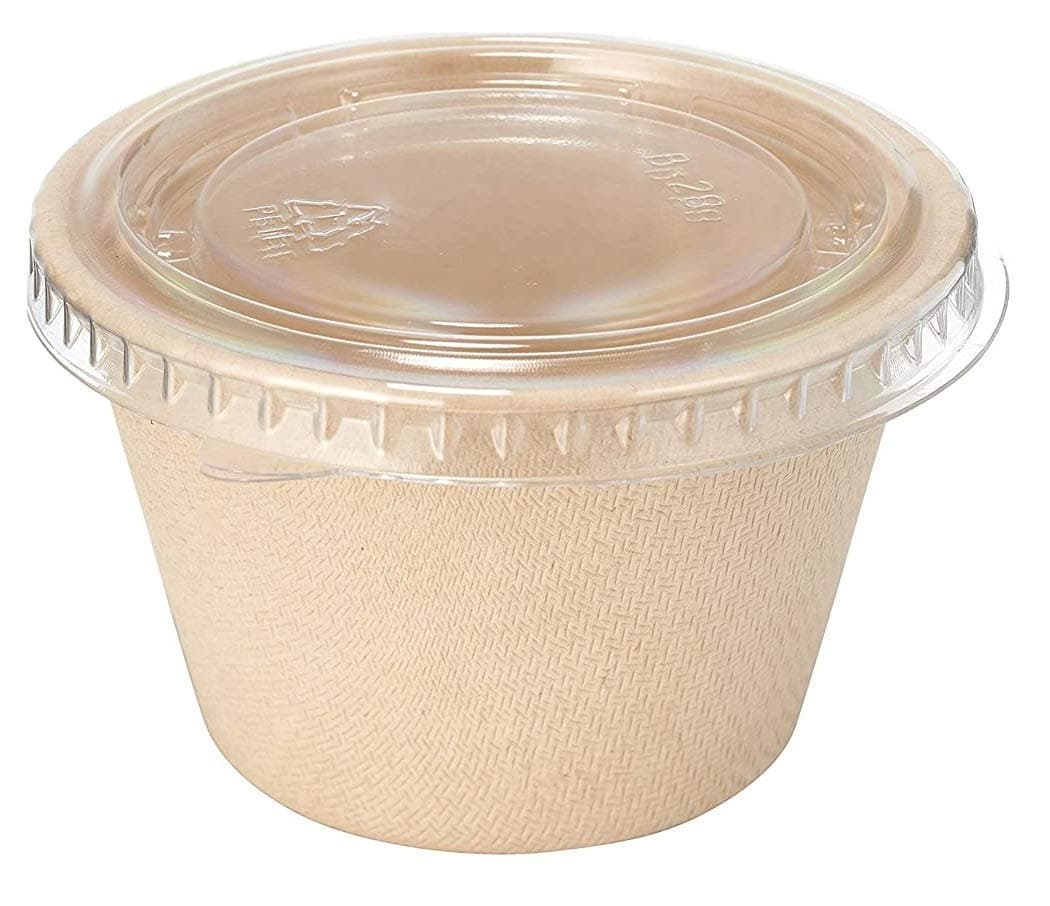 [50 PACK 4 Oz Compostable Condiment Souffle Bagasse Cups with Lids - Portion Cup with Lid Sugarcane, Biodegradable Perfect For Sauces, Samples, Condiments, Slime, Jello Shot, Food Storage