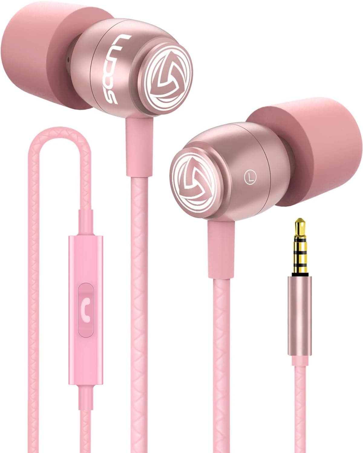 Clamor Wired Earbuds in-Ear Headphones, 5 Years Warranty, Earphones with Microphone, Noise Isolating Ear Buds, Memory Foam for iPhone, Samsung, School Students, Kids, Women, Small Ears - Pink