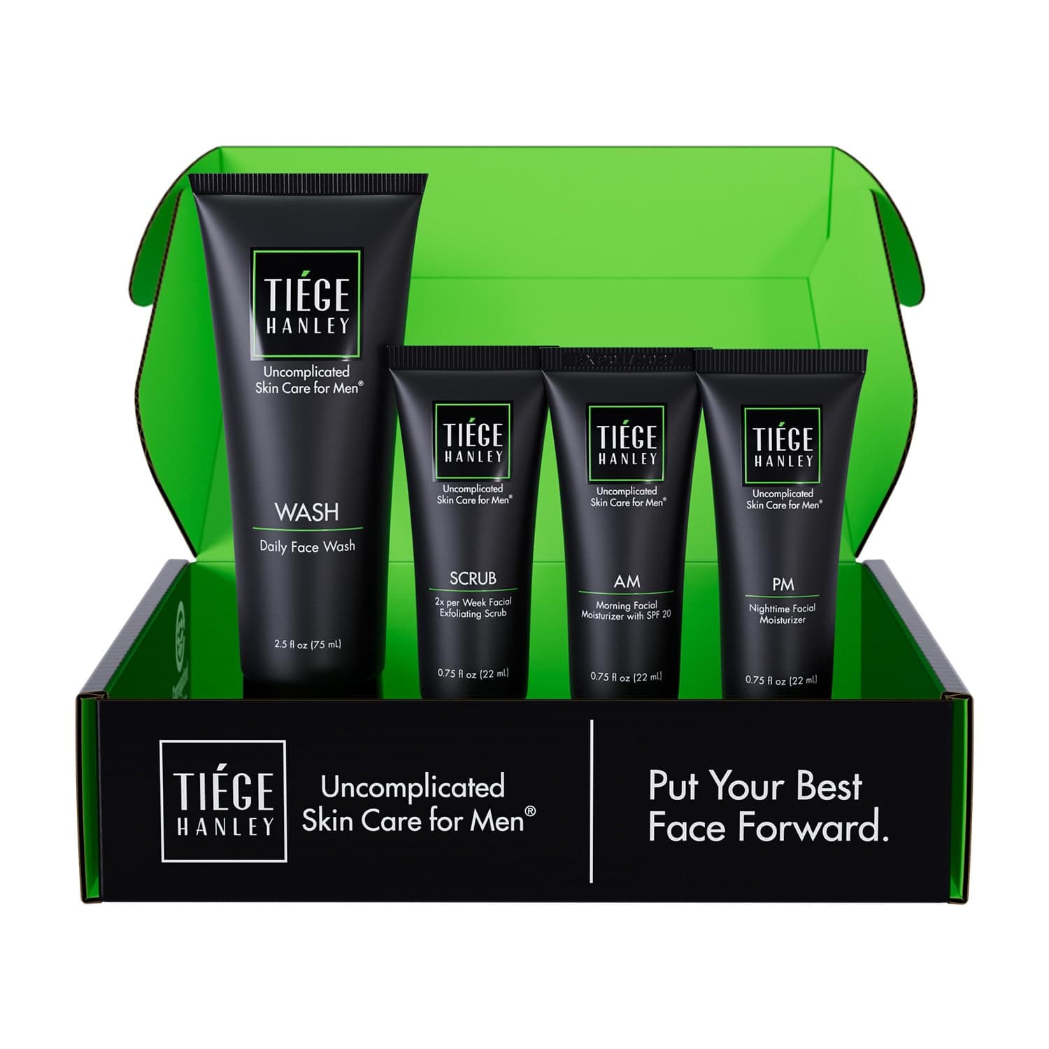 - Tiege Hanley Skin Care Set for Men, Essential Routine, System Level 1, Daily Face Wash, Facial Scrub, Moisturizer With SPF, and Night Cream for Healthy, Hydrated Skin, Men’s Skin Care, 4 Piece Kit