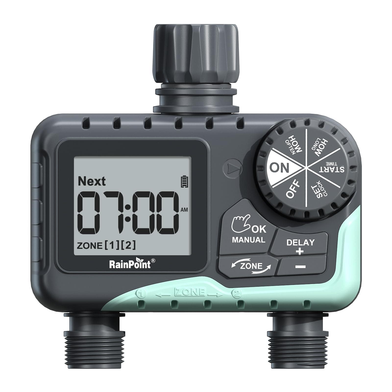 RAINPOINT Water Timer for Garden Hose - 2 Zone Sprinkler Timer with Rain Delay/Manual Watering/Automatic Irrigation for Yard Lawn