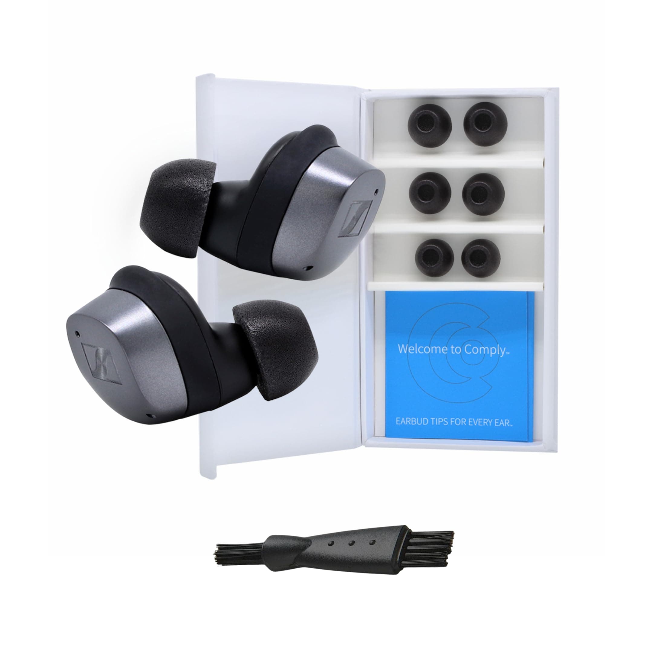 Comply TrueGrip | Premium Memory Foam Replacement Earbud Tips for Sennheiser Momentum 3, 4, ACCENTUM | Enhanced Comfort, Secure Fit, Superior Noise Isolation, Cleaning Tool | Black (S/M/L) (3 Pairs)