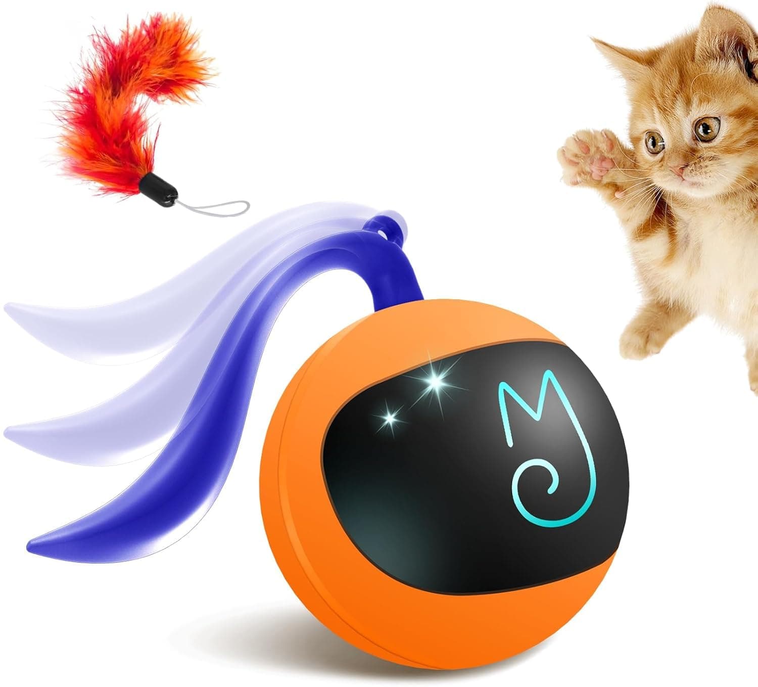 Migipaws Interactive Cat Ball Toy Set, Fun Tracker, Automatic Rolling Chase Ball with Fluffy Tail, A Small Mice, Rechargeable (Orange)