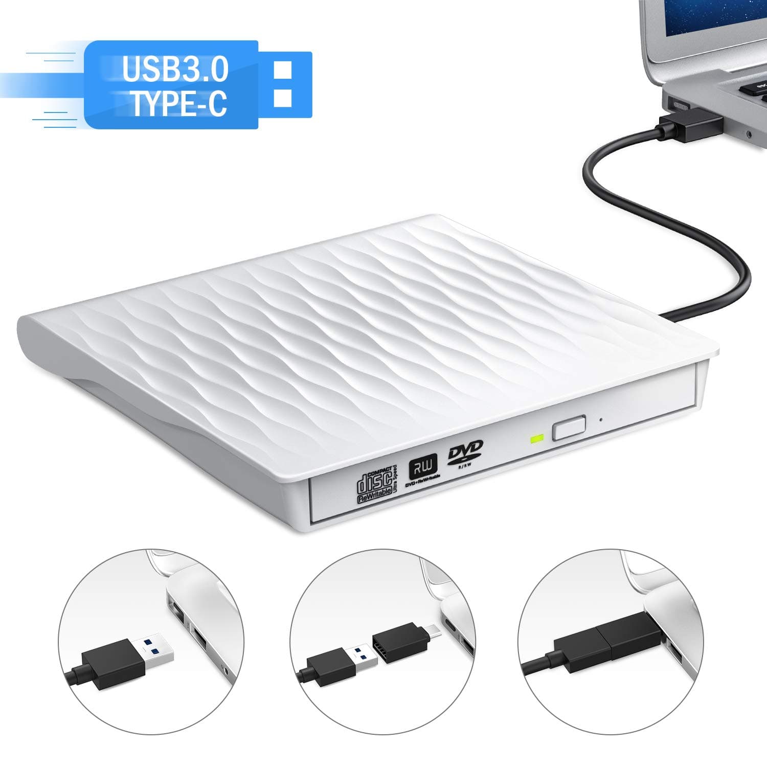 External CD DVD Drive, DUSASA USB 3.0 USB C Dual Port Slim Portable External CD DVD Rewriter Burner Writer,High Speed Data Transfer USB Optical Drives for Laptop/Macbook/Desktop/Win10/8/7 (White)
