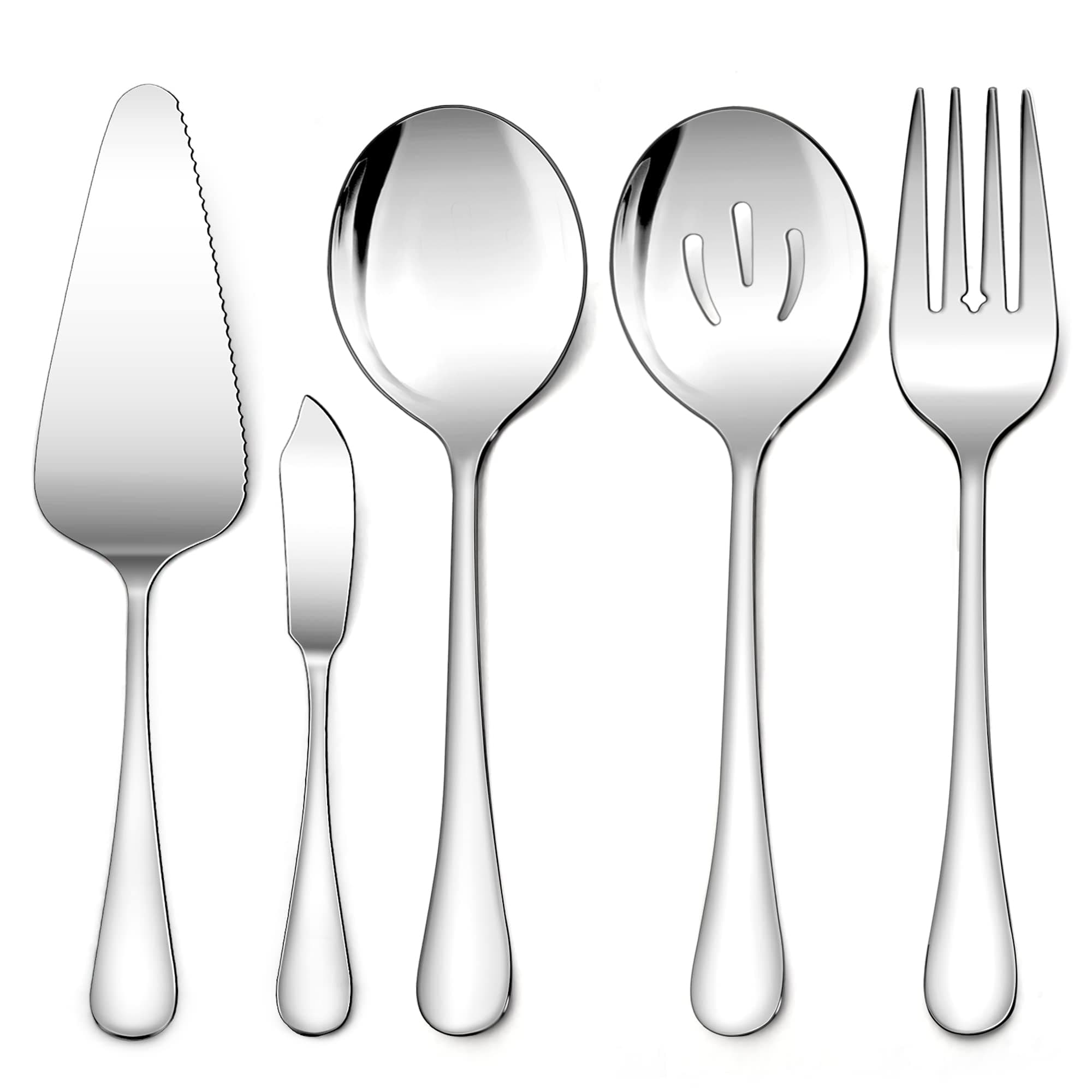 LIANYU 5-Piece Stainless Steel Serving Utensils Set Include Serving Spoon Fork, Flatware Serving Pieces for Buffet Catering, Mirror Finish, Dishwasher Safe