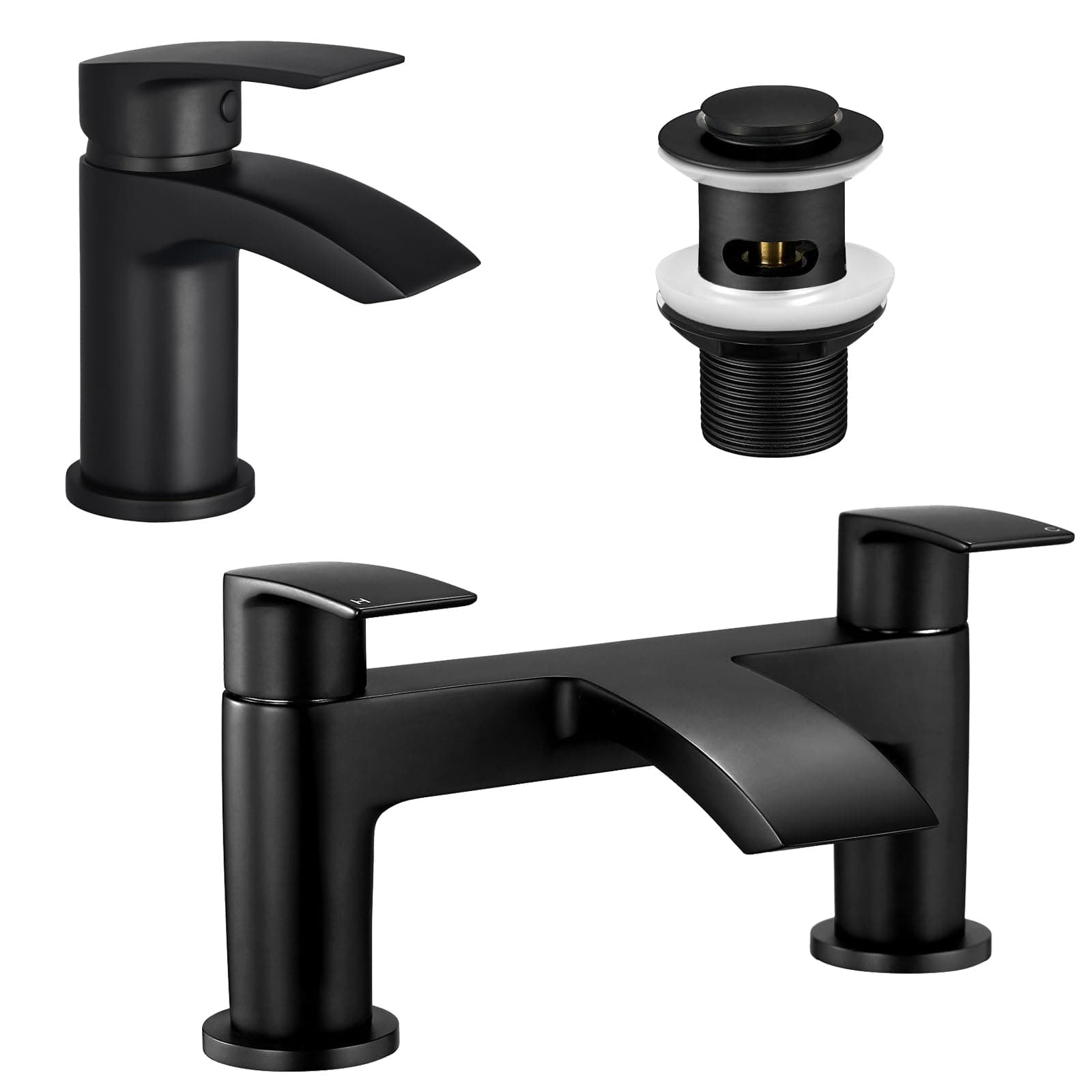 Bath and Basin Mixer Taps Set with Pop up Slotted Basin Waste Matte Black Waterfall Bathroom Sink Tap & Bathtub Filler Tap Tub Faucet Cloakroom Mono Brass Deck Mount