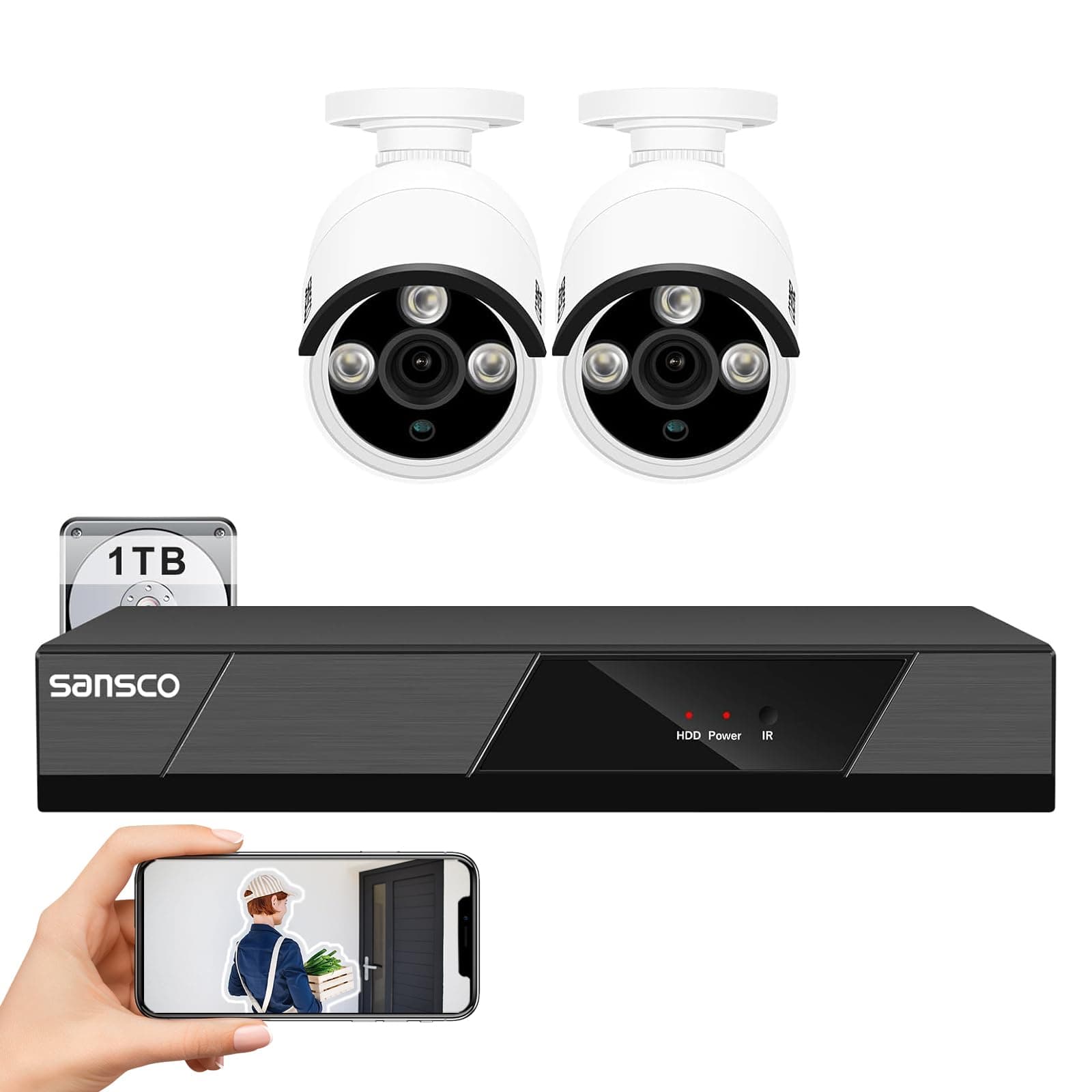 POE CCTV Security Camera System with 1TB Hard Drive, 4K 8CH H.265 NVR, 2x 5MP Outdoor IP Cameras, Built-in Mic, AI Human Face Detection, Night Vision, Remote Access-White Cam