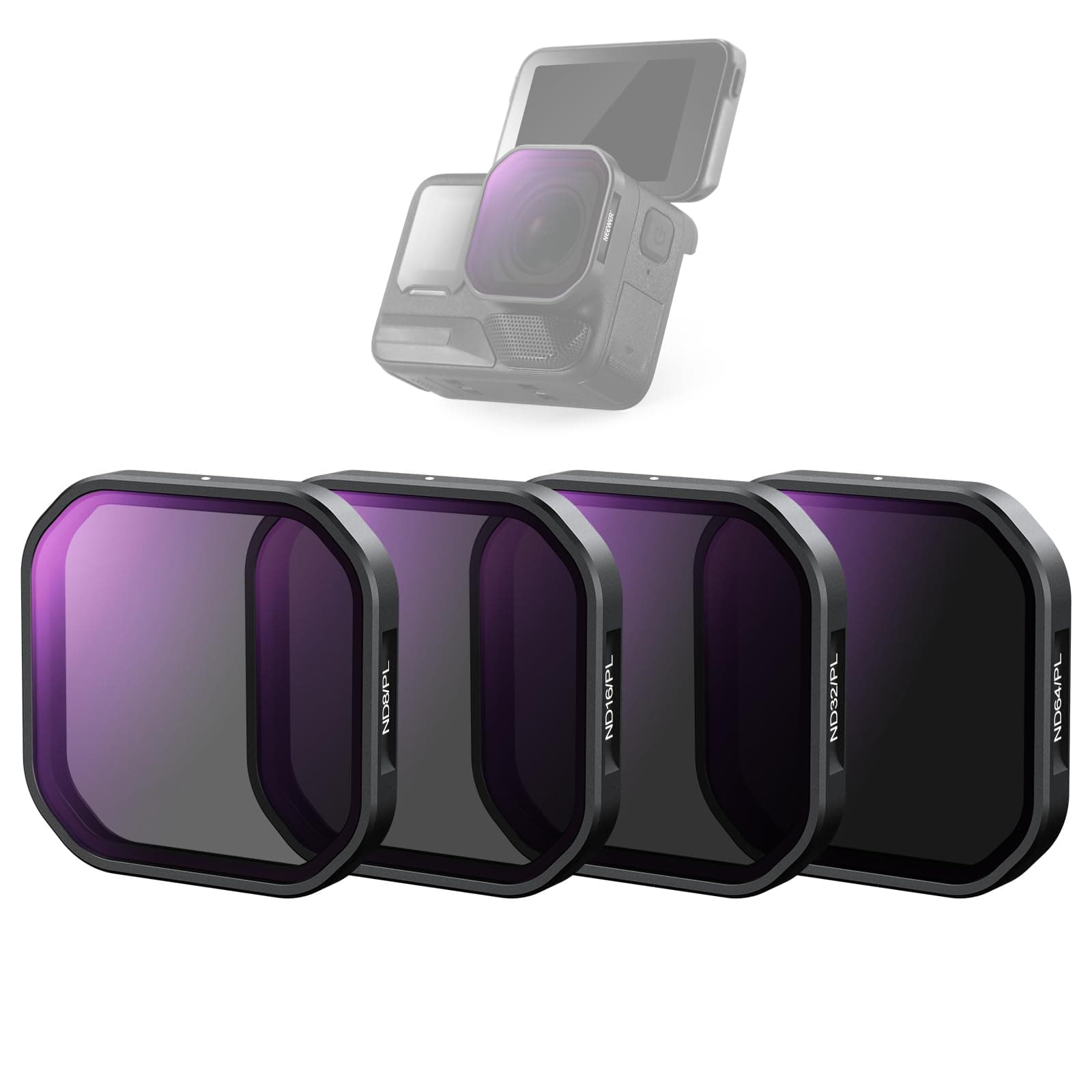 NEEWER 4 Pack ND/PL Filter Set Compatible with Insta360 Ace Pro 2， ND8/PL + ND16/PL + ND32/PL + ND64/PL Neutral Density Polarizer Polarizing Filter Kit Snap On Action Camera Accessories， FL91