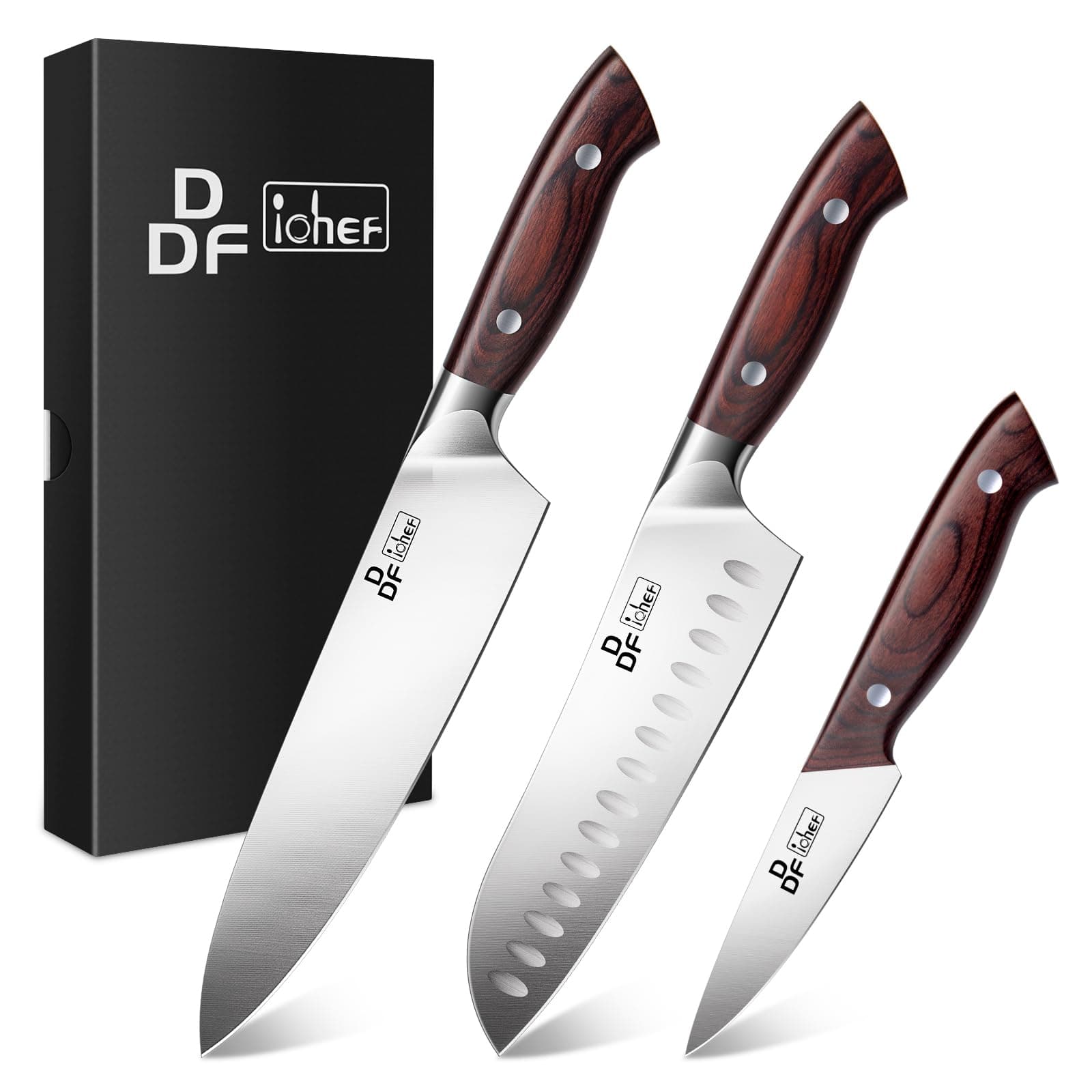 DDF iohEF Knife Set 3 Piece, Sharp Kitchen Knife Set Professional Chef Knife Set for Kitchen Japanese Stainless Steel Cooking Knives with Ergonomic Pakkawood Handle