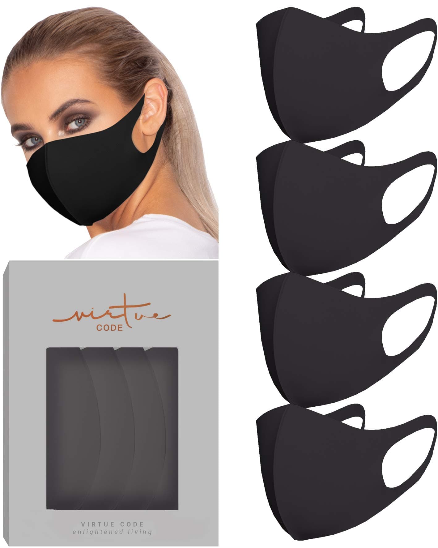 Second Skin Cloth Face Mask Pack. 4 Buttery Soft Masks Washable Fabric - Black Face Mask Reusable. Stretchy, Comfortable, Fresh Facemask.