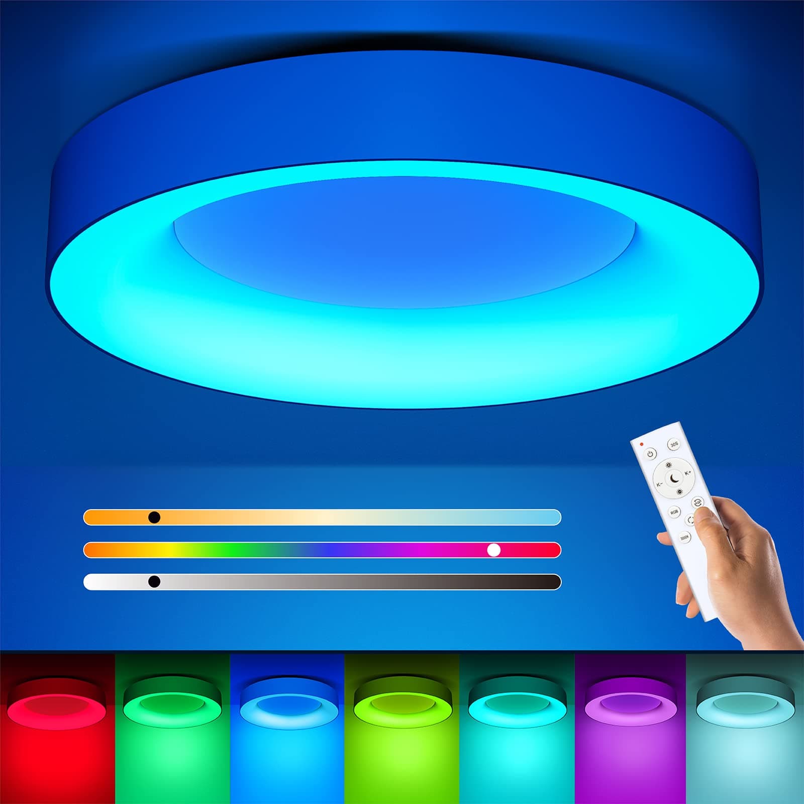 RGB Flush Mount Ceiling Light with Remote Control, 2400LM Dimmable Ceiling Light Fixture, 3000K-6500K Modern Low Profile Ceiling Lights for Bedroom Kids Room, 11in White