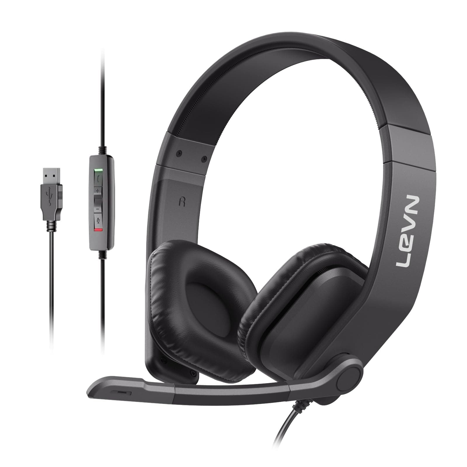 LEVN Headset with Microphone for PC, USB Headset with Microphone, Wired Headset with in-line Controls & Mute Button, Computer Headset for Work from Home/Call Center/Office/Online Class/Teams/Zoom