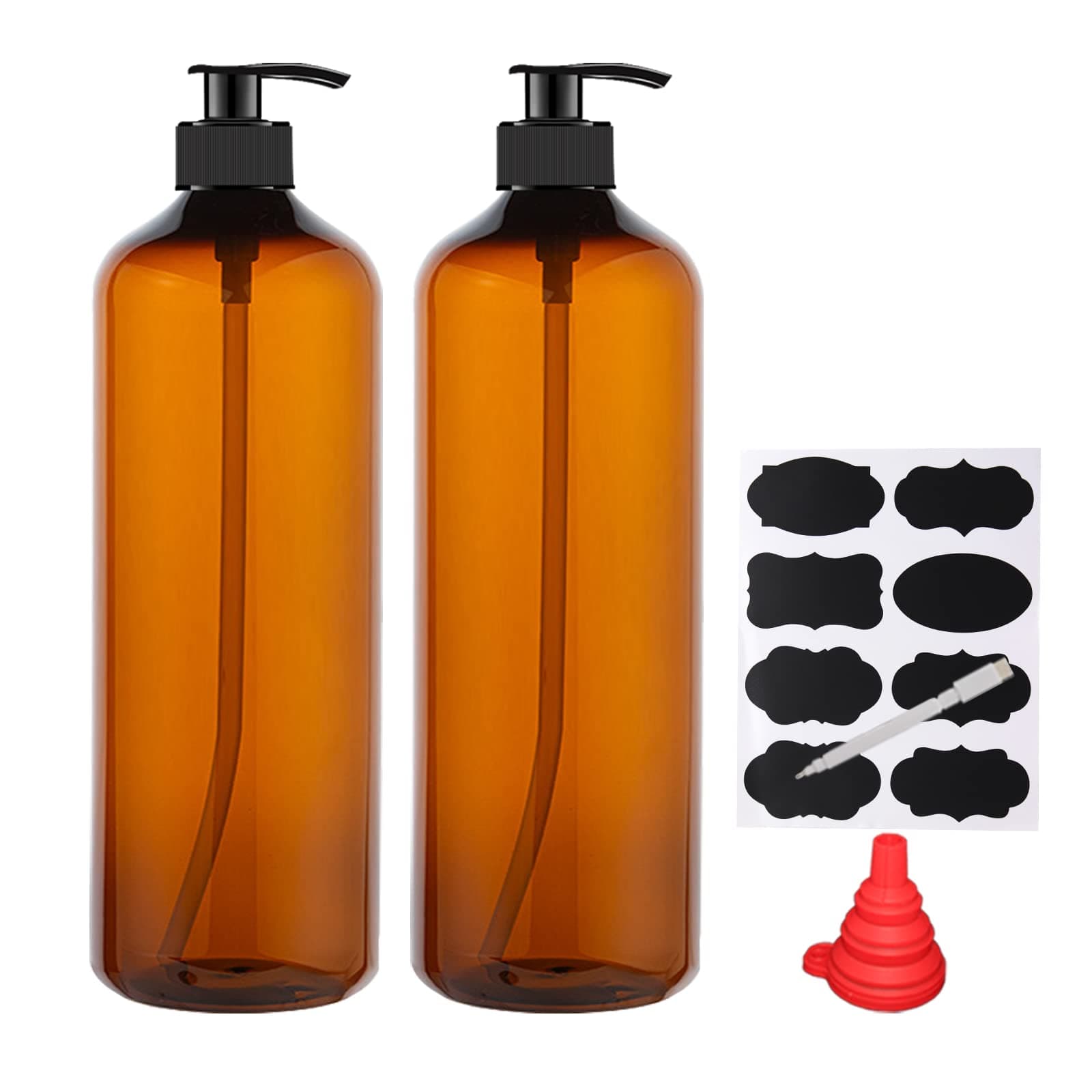 YBCPACK 2 Pack 1000ml Plastic Soap Dispenser Bottle with Pump, Refillable Amber Shampoo Dispenser bottle with Pump, 32oz Empty Pump Bottles for Shower gel, Body Wash, Shampoo, Massage Lotion