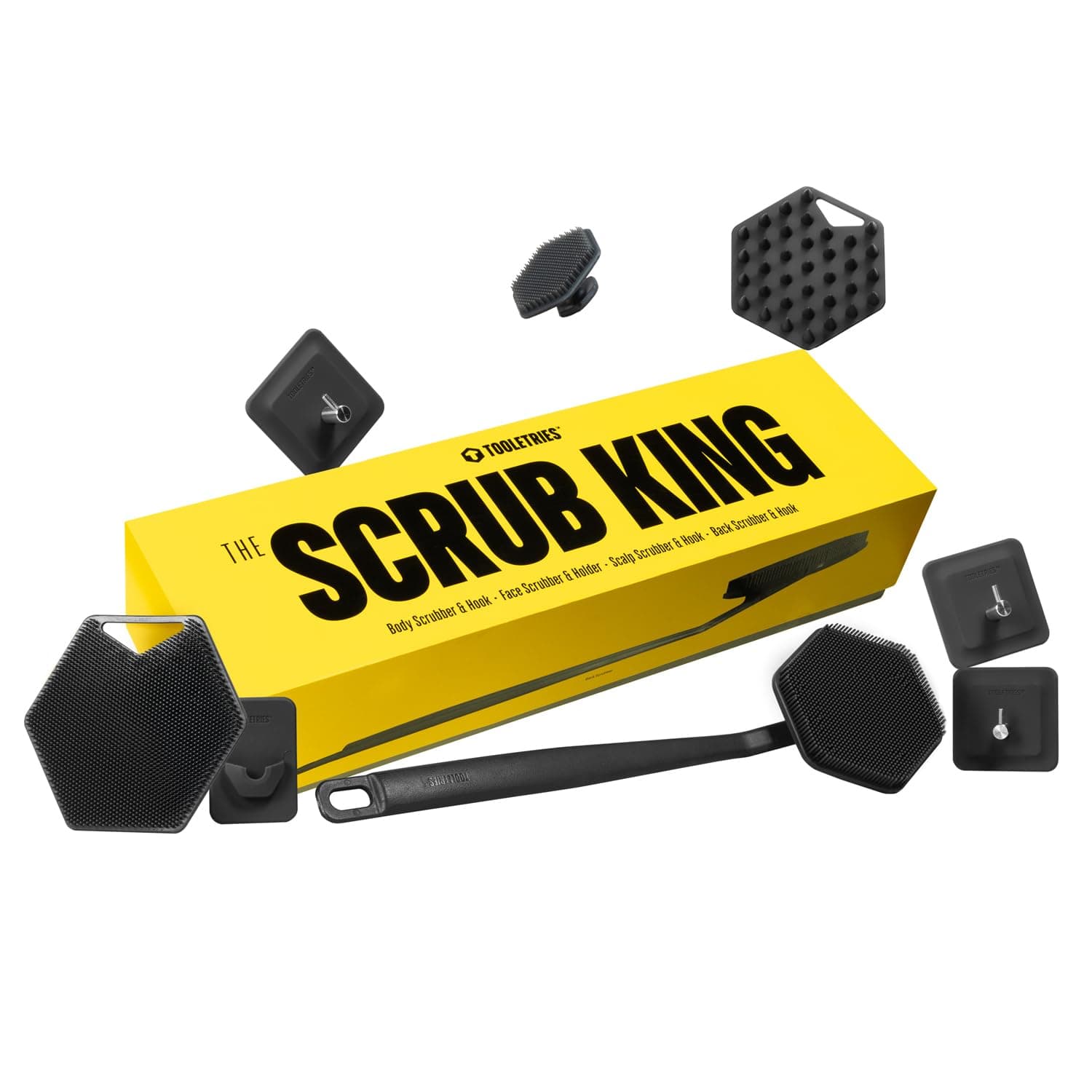 Tooletries - The Scrub King - Silicone Scrubber Set for Men - Includes Back & Body Scrubbers, Face Brush, Scalp Massager, 3 Storage Hooks, & Holder - Shower & Bathroom Hygiene Accessories - Charcoal