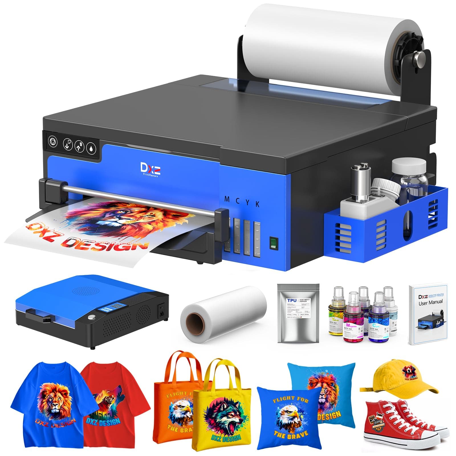 DXZ A4 DTF Printer with Roll Feeder-XP600 Doubled Printing Speed Compared to L1800 and L805,Built-in White Stirring System for DIY T-Shirt,2-Year Ink Included (Printer+Oven)
