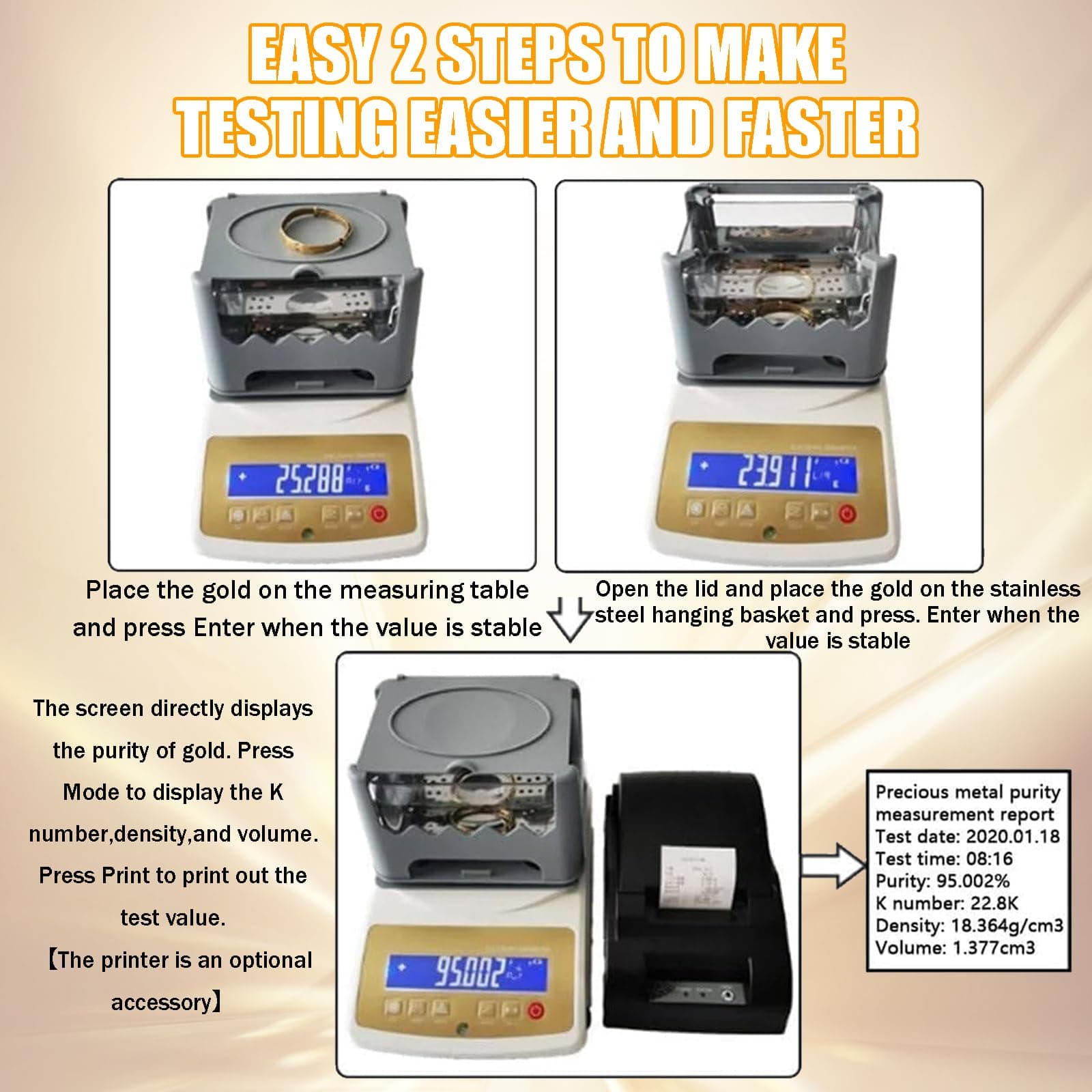 Digital Gold Purity Analyzer Meter ，K Value Tester & Density Meter for Gold Silver，Precious Metal Testing Machine ，Jewelry Tools，Electronic Purity Content Detector (WLD-200K+Printer)