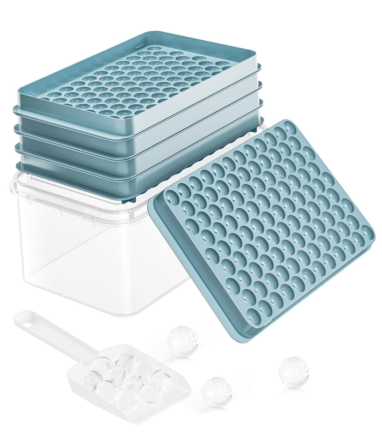 Mini Ice Cube Trays for Freezer - 0.6 IN Tiny Round Pebble Nugget Ice Mold Trays with Lid and Bin, Crushed Ice Trays Makes 104x4 pcs Ice balls - Easy Release Ice Maker for Cocktails, Drinks, Whisky