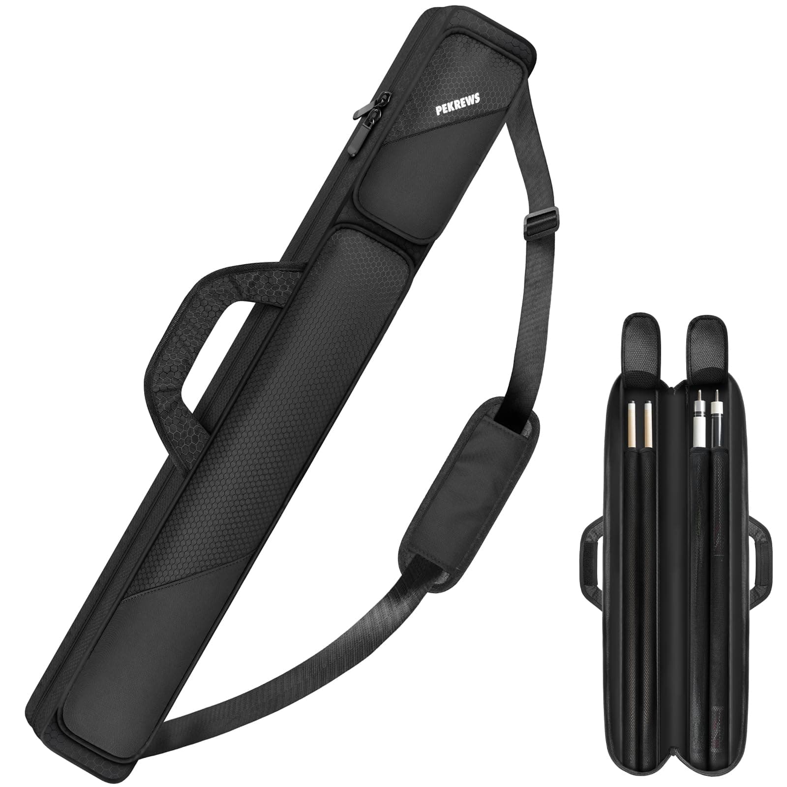 PEKREWS Pool Cue Case 2x2, Pool Stick Case Holds 2 Sticks with 2 Accessory Zipper Pockets, Sturdy Polyester Pool Cue Carry Bag with Shoulder Strap Handle, Soft Billiard Cue Backpack for Men and Women