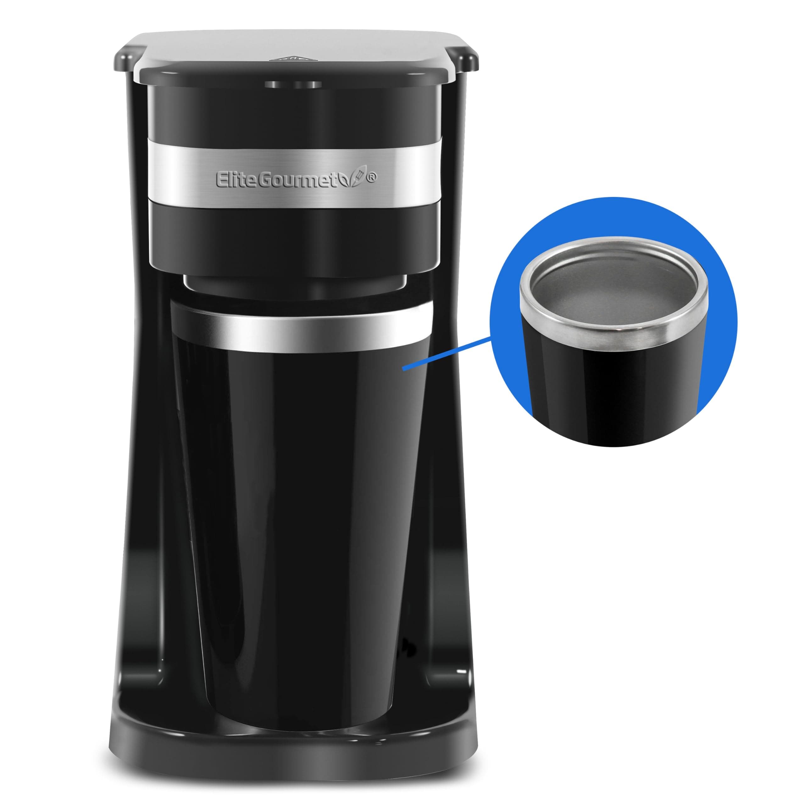 EHC111A Personal Single-Serve Compact Coffee Maker Brewer Includes 14Oz. Stainless Steel Interior Thermal Travel Mug, Compatible with Coffee Grounds, Reusable Filter, Black