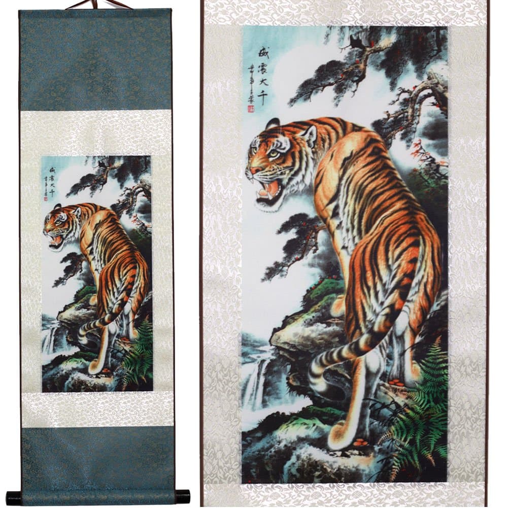 SweetHome Asian Silk Scroll & Picture Scroll & Wall Scroll Calligraphy Hanging Artwork (The Tiger is Roaring)