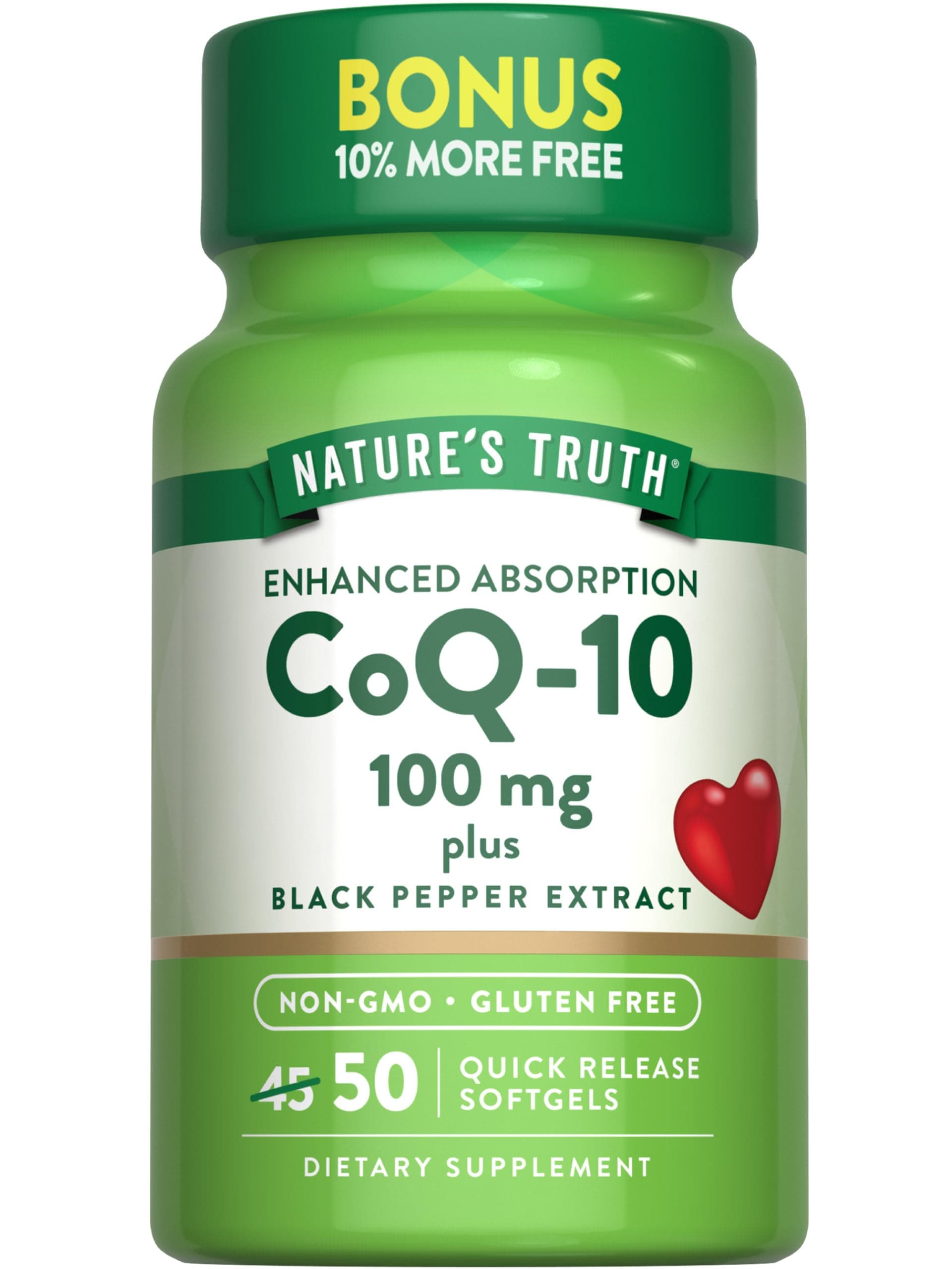 CoQ10 100mg | 50 Softgels | Plus Black Pepper Extract | Non-GMO and Gluten Free Supplement