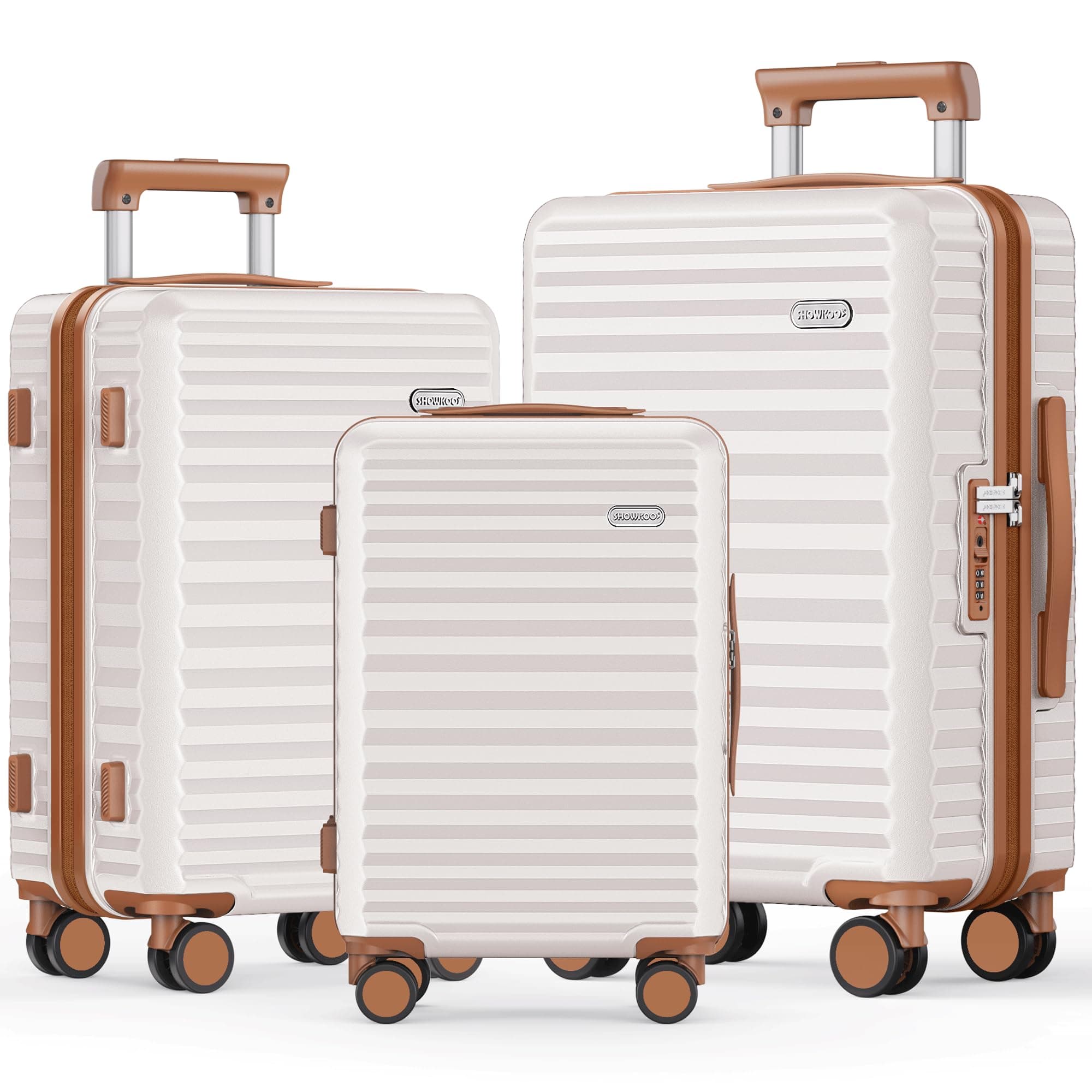 Suitcase Sets 3 Piece Expandable Hardshell 100% PC Lightweight Carry on Travel Hand Luggage with Double Spinner Wheels & TSA Lock, Beige White