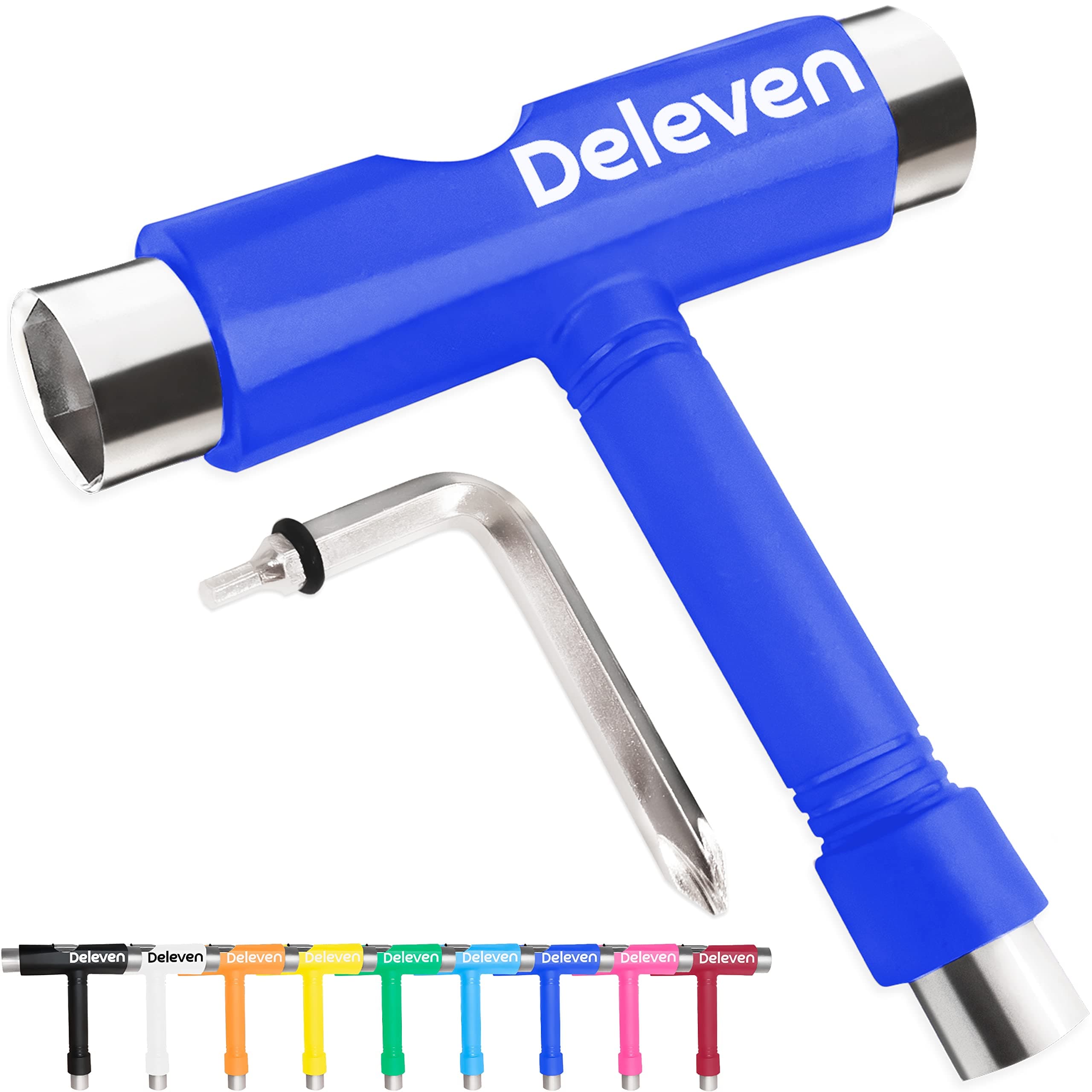 Deleven All-in-One Multi-Function Lightweight Portable Skate Tool with 2-in-1 Allen Wrench & Phillips Head Screwdriver - Adjust Roller Skates, Longboards, Skateboards, Quads, Wheels, Trucks & Kingpin
