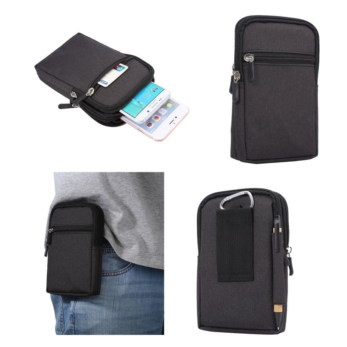 DFV mobile - Universal Multi-functional Vertical Stripes Pouch Bag Case Zipper Closing Carabiner for KARBONN K9 KAVACH 4G V07 DUAL PLUS - Black (17 x 10.5 cm)