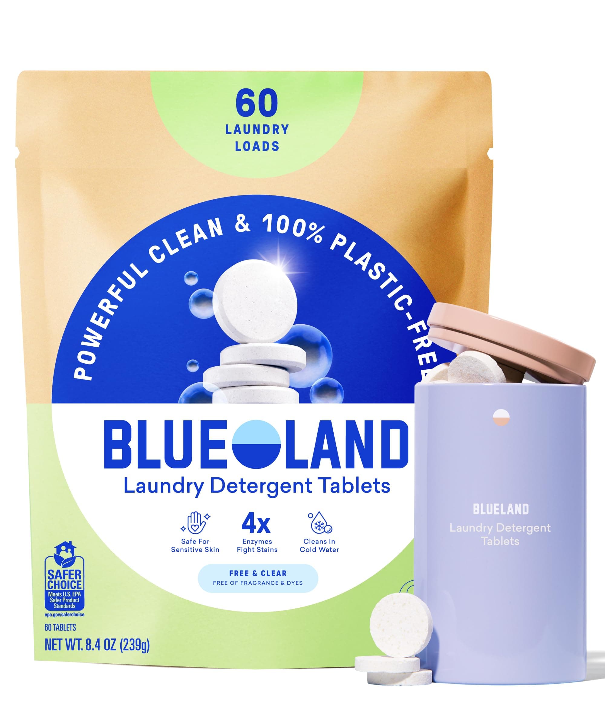 BLUELAND Laundry Detergent Tablets, Starter Set, 60 Count with Tin, Plastic-Free Eco-Friendly Pods, Sheets, Liquid Alternative - Fragrance Free and Clear, Natural, Gentle
