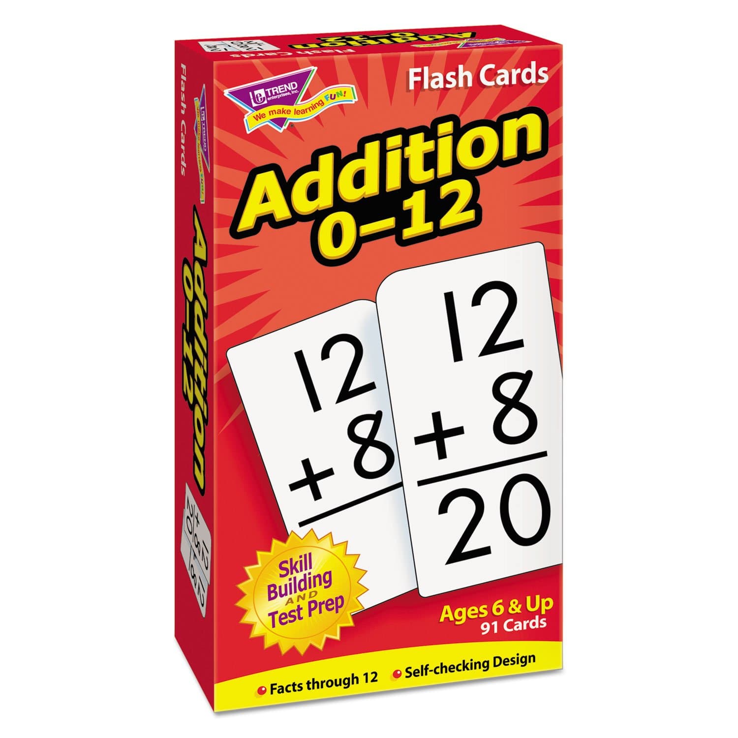 Trend Enterprises: Math Skill Drill Flash Cards, Addition 0-12, Self-Checking Cards to Practice and Master, Great for Skill Building and Test Prep, 91 Cards Included, Ages 6 and Up