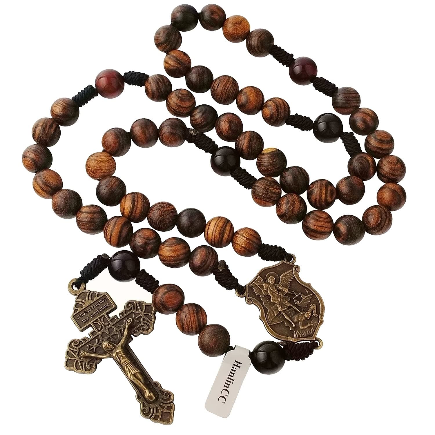 HanlinCC 10mm Handmade Solid Wood Beads with Agate Stone Our Father Beads Catholic Rosary Necklace for Men with St.Michael Center Piece and Pardon Crucifix