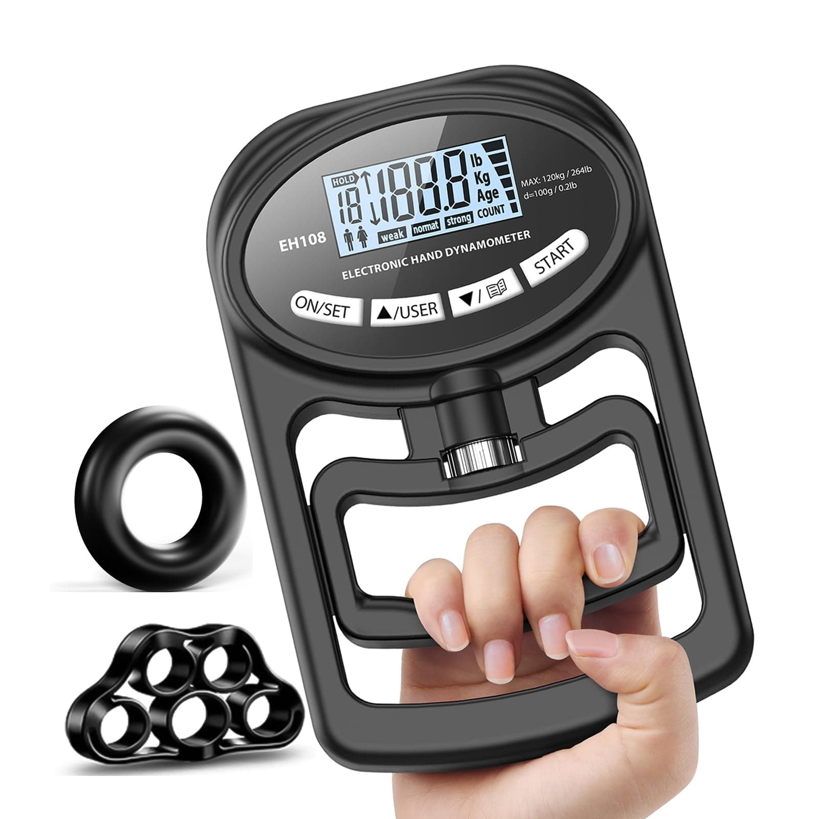 Hand Grip Strength Tester Trainer - Electronic Hand Dynamometer Forearm Grip Strengthener Exerciser Digital Training Gauge 265 Lbs 120 Kgs for Sport Home School Use