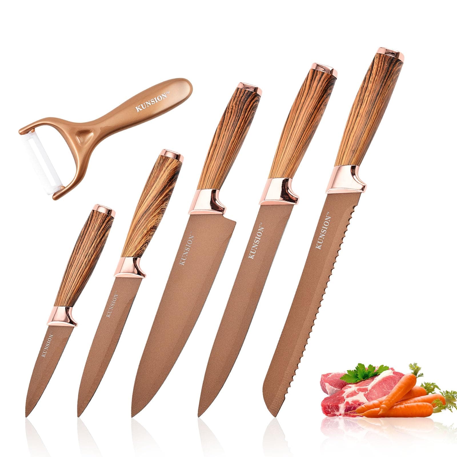 RETROSOHOOKitchen Knife Set, 6PCS Ultra-Sharp Gold Chef Knife Set with Ergonomic Handle, Stainless Steel Cooking Knife Set with Non-stick Coated Blades, Professional Knives Set with Gift Box (Gold)