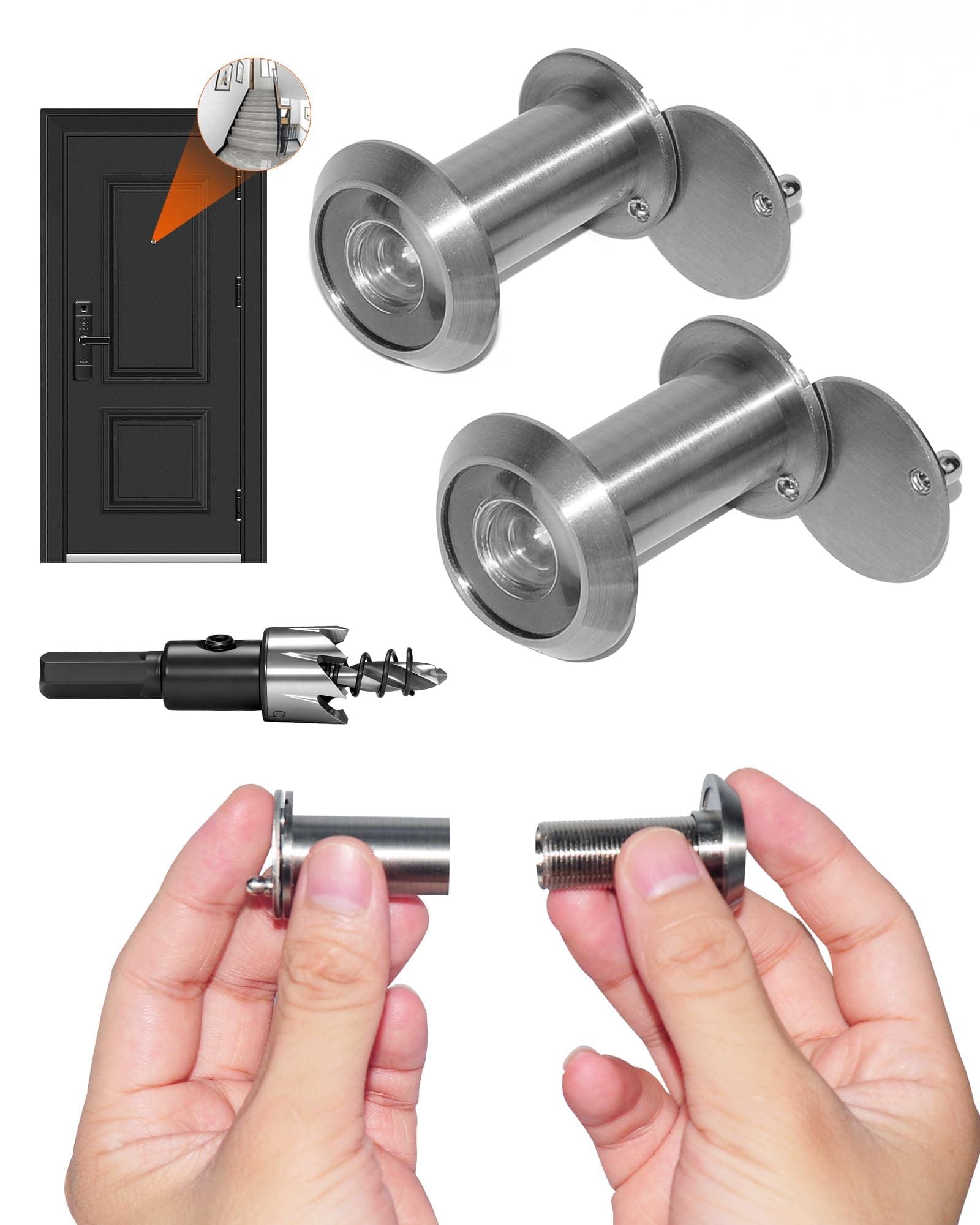 200-Degree Solid Brass Door Viewer with 16mm Drill Bit, 2packs Peep Holes Peephole for Door with Heavy Duty Privacy Cover, for 1-3/8" to 2-3/8" Doors, Apartmenthome Office Hotel, Silver