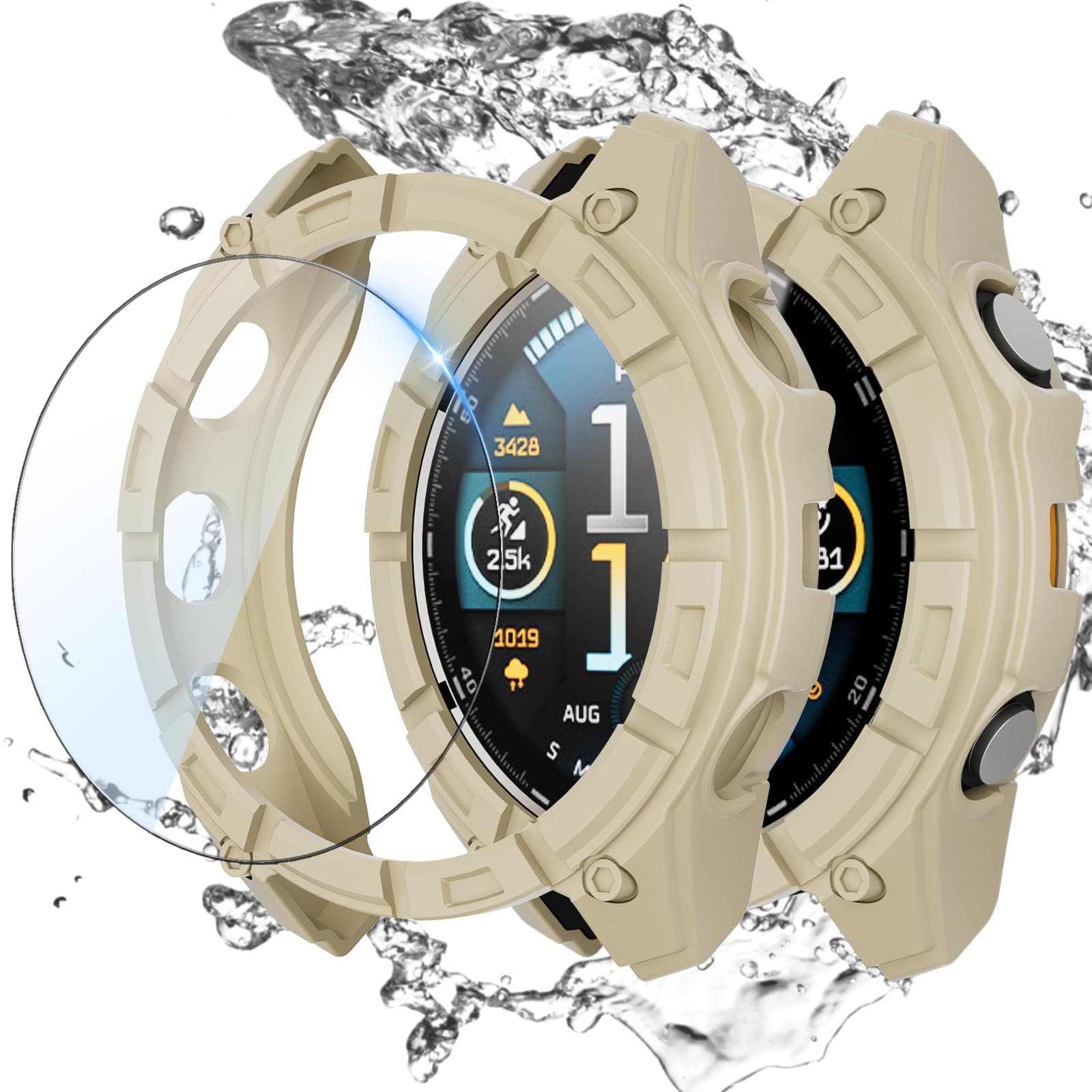 Rc-Z Screen Protector Case Compatible for Garmin Fenix 8 47 mm Watch Cover, Anti-Scratch Bumper Frame TPU Protective Case & Tempered Glass Film for Garmin Fenix 8 47mm Smartwatch, Beige