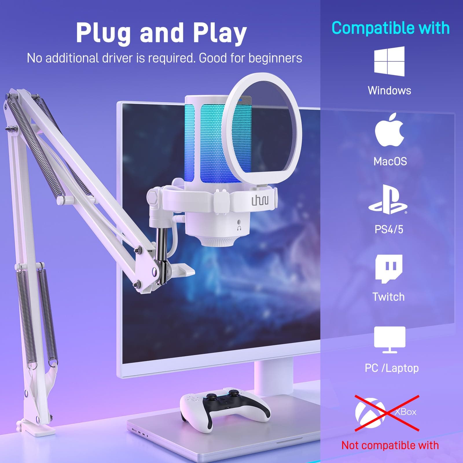 UHURU Gaming USB Microphone for PC: Streaming Computer Mic with Noise Cancellation - Condenser Mic with Controllable RGB for Gaming Streaming