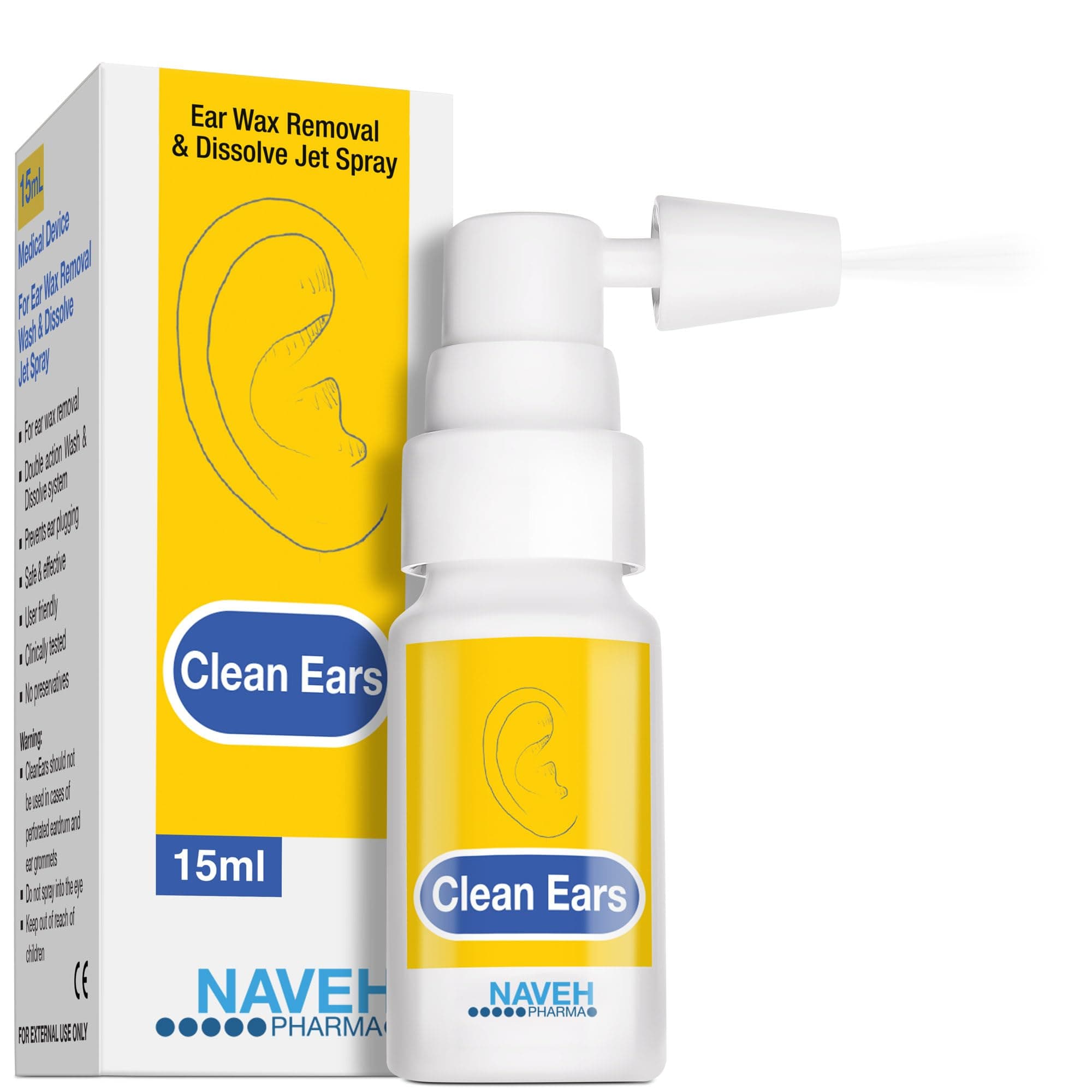 NAVEH PHARMA® CleanEars | Fast-Acting Ear Wax Removal Spray | Breaks Down & Dissolves Earwax in Just 1 Treatment | Clinically Proven to Be 300% More Effective W/Mineral Oil | Gentle & Safe | 0.5 Fl Oz