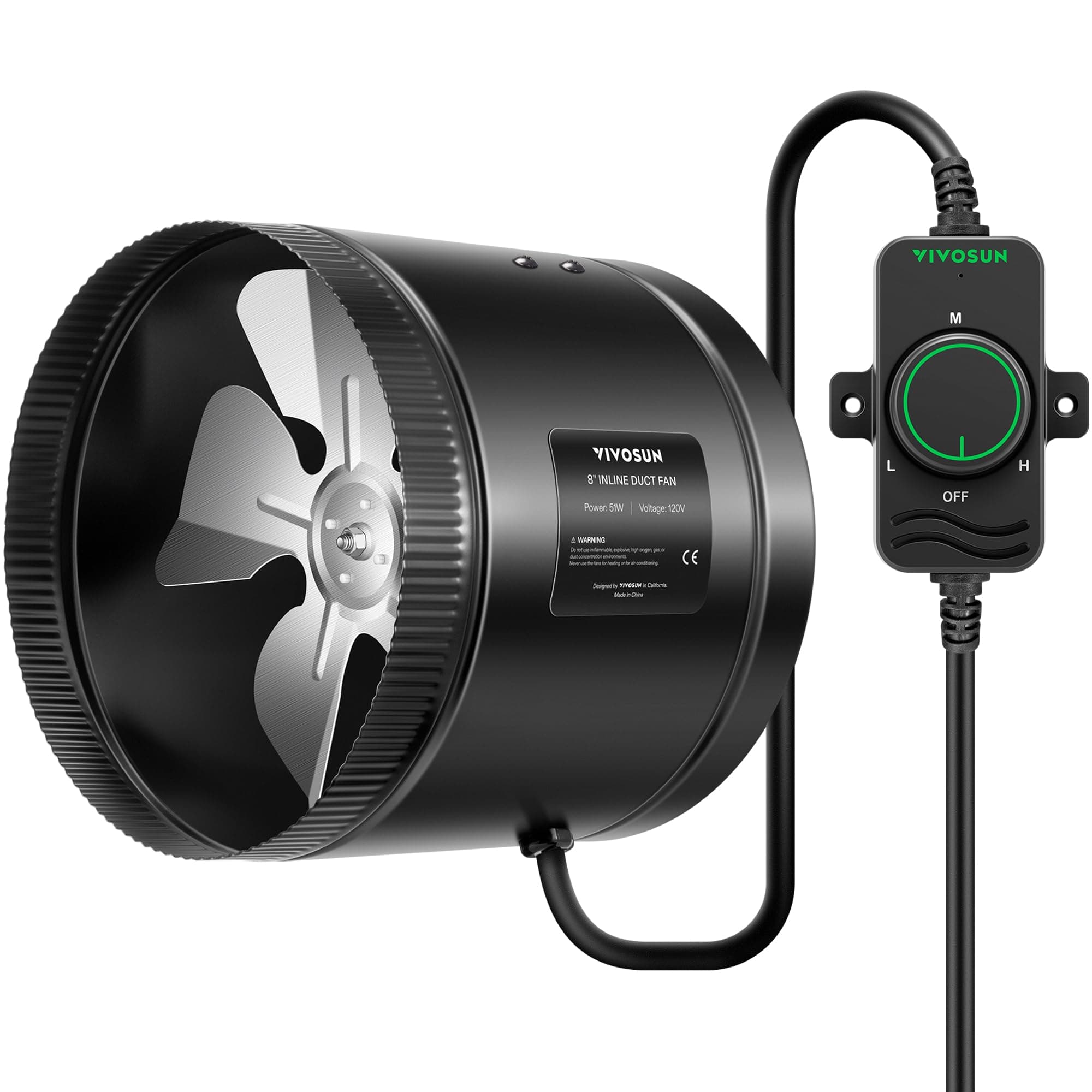 Inline Booster Duct Fan 8” 430 CFM with Speed Controller, HVAC Exhaust Ventilation Fan with Low Noise for Basements, Bathrooms, Kitchens, Attics, Grow Tents