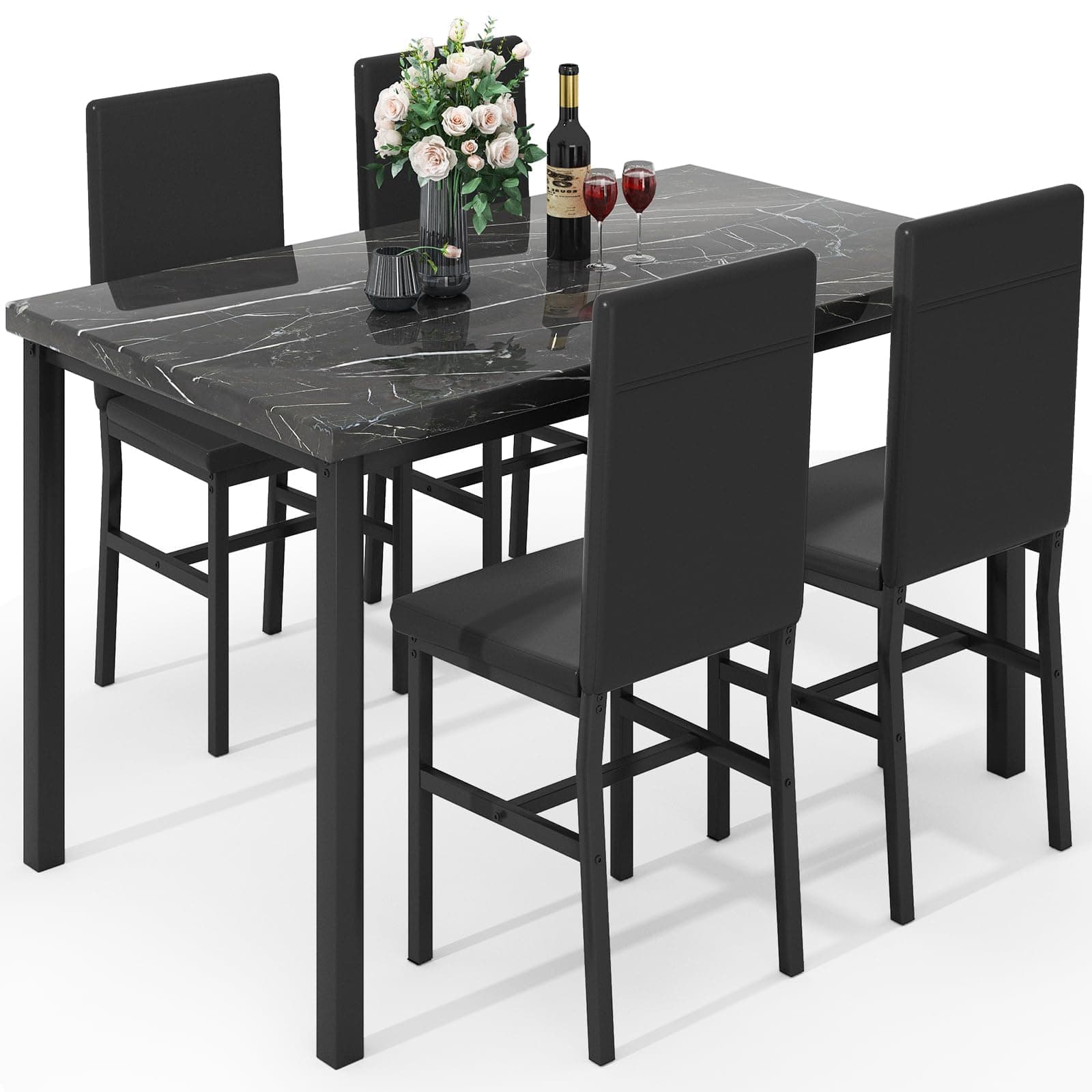 Dining Table Set for 4, Modern Faux Marble Kitchen Table with 4 PU Leather Chairs, 5 Piece Dining Room Sets for Dinette, Breakfast Nook, Black