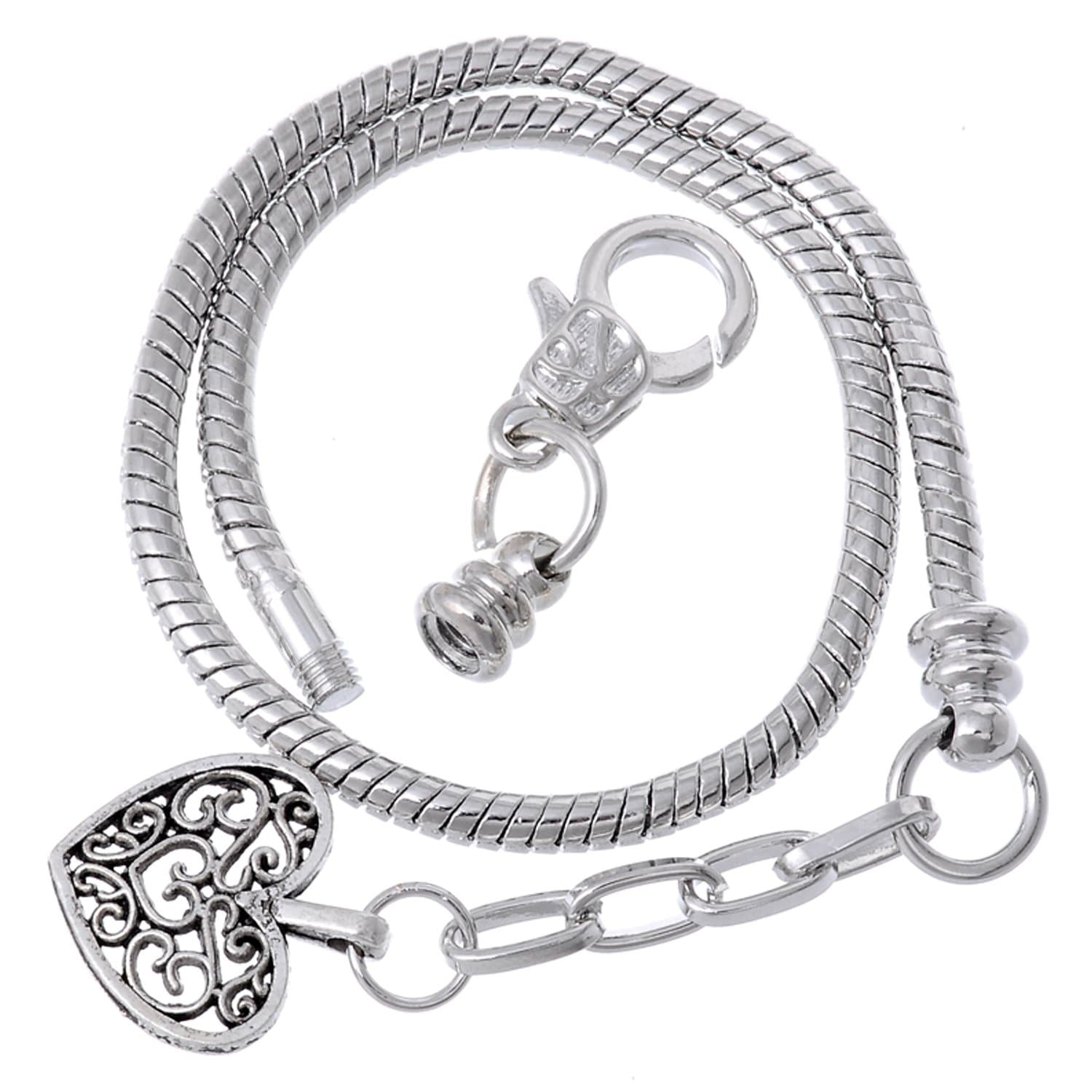 RUBYCA 5pcs 7.9" Lobster Clasp Heart Pendant Bead Snake Chain European Charm Bracelet Silver Tone