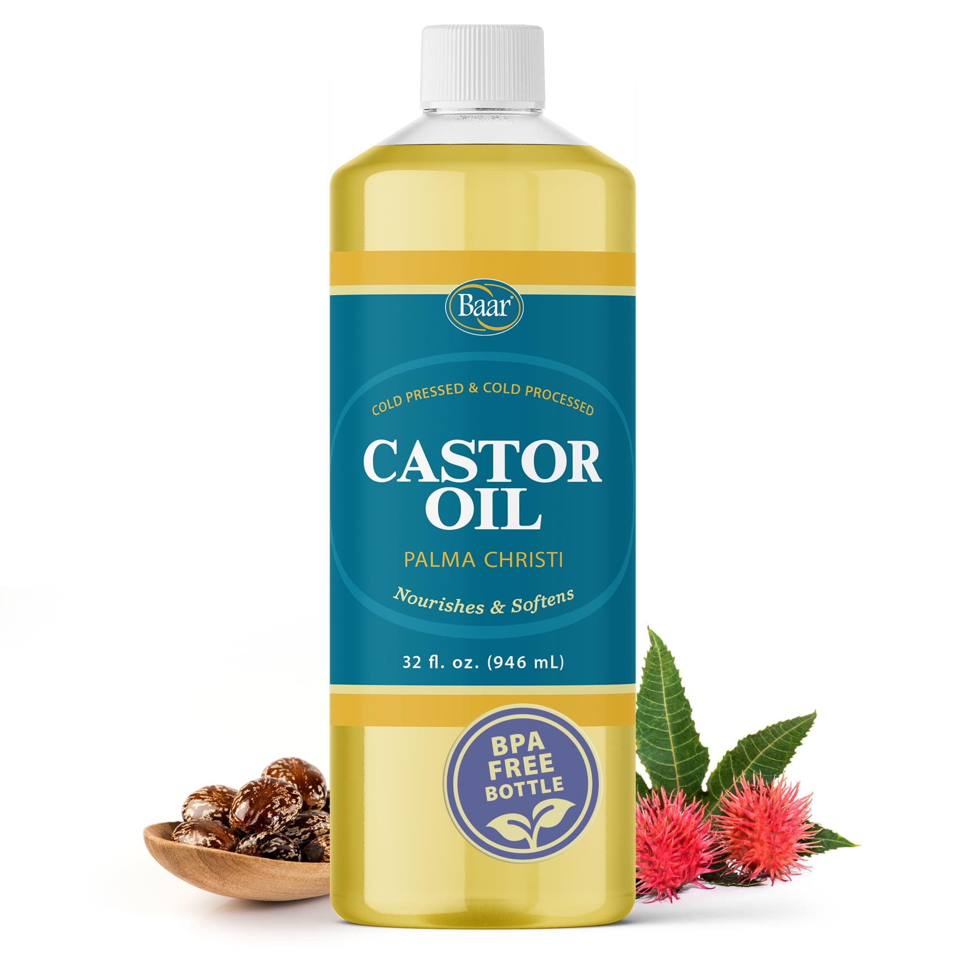 Baar Cold-Pressed Castor Oil, Cold-Processed, Hexane-Free, Palma Christi, for Skin, Hair, Massage & Castor Oil Packs, BPA-Free Bottle, 32 oz