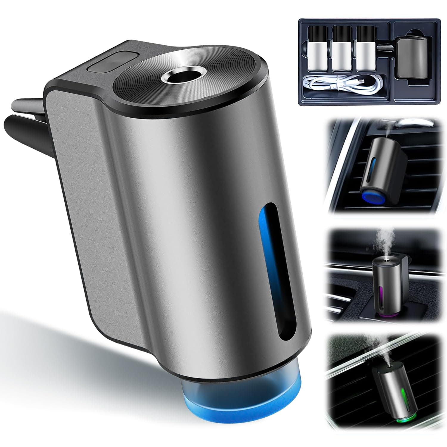 Smart Car Air Freshener Diffuser,New With Three Adjustable Modes,Aromatizante Para Carro Inteligente Intelligent Aroma,Auto On/Off Diffuser (Gray,3 Natural Oils)