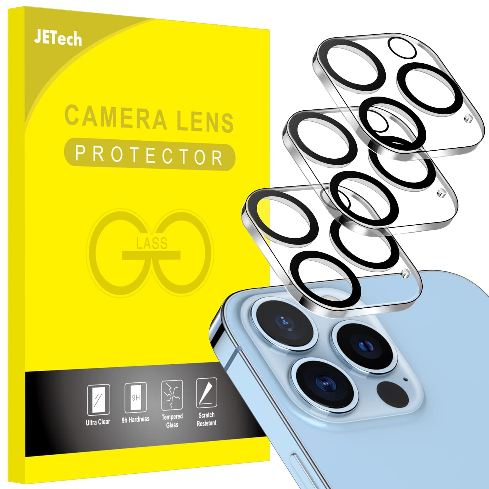 JETech Camera Lens Protector for iPhone 13 Pro Max 6.7-Inch and iPhone 13 Pro 6.1-Inch, 9H Tempered Glass, HD Clear, Anti-Scratch, Case Friendly, Does Not Affect Night Shots, 3-Pack