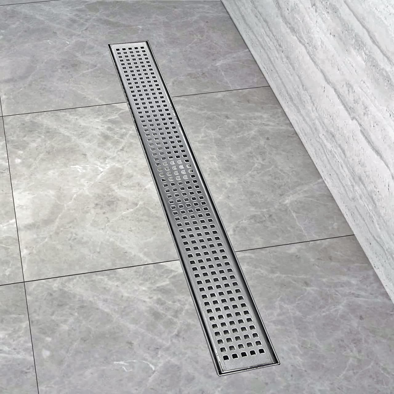 ZA Linear Shower Drain (28 Inch Squares Pattern) Sleek and Modern Brushed Stainless Steel, with Hair Strainer, Leveling Feet and Threaded Adapter