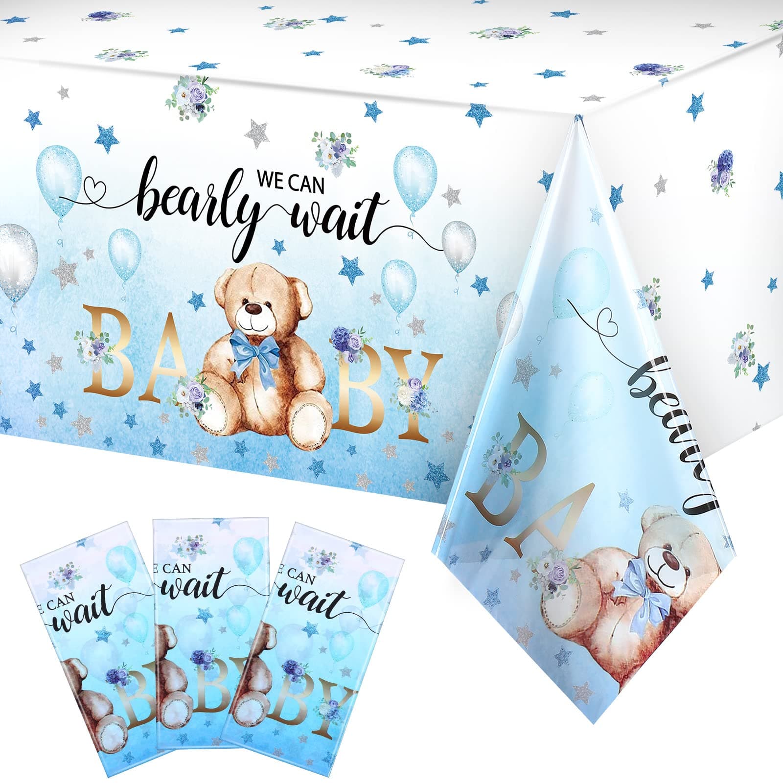 Tegeme 3 Pack Bear Baby Shower Tablecloth Plastic Bear Table Cover We Can Bearly Wait Tablecloth for Kids Birthday Party and Gender Reveal Decorations, 54 x 108 Inch (Blue)