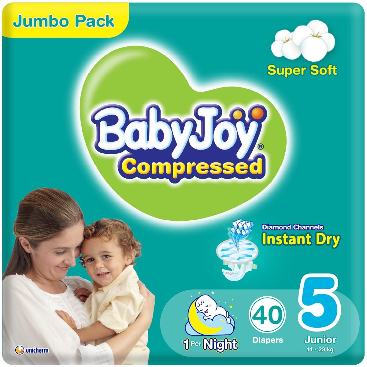Babyjoy Compressed Diamond Pad Diaper, Jumbo Pack, Junior Size 5, Count 40, 14 - 25 Kg