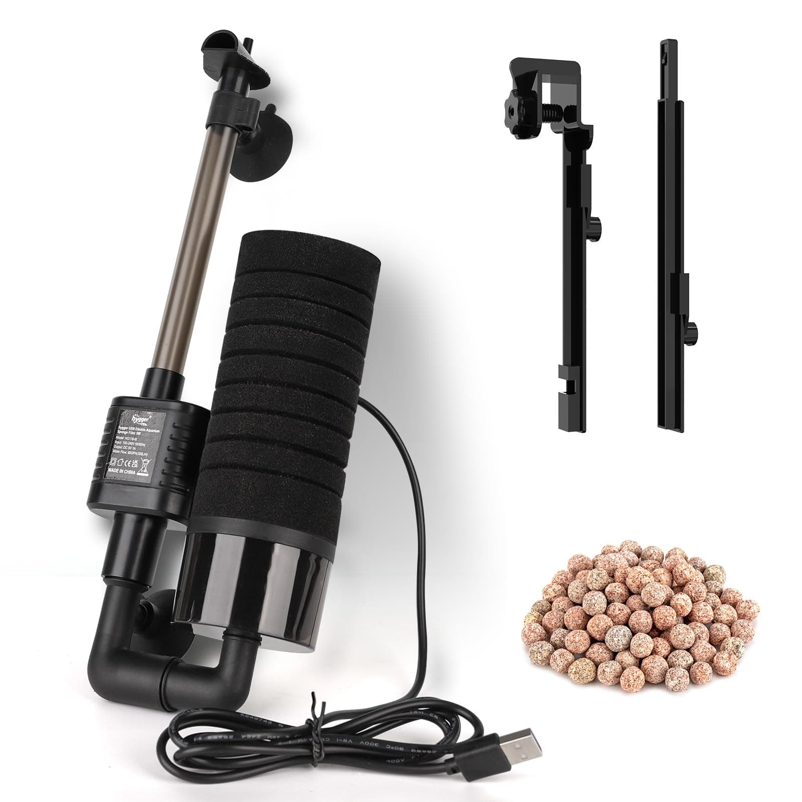 hygger USB Single Sponge Filter, Small Aquarium Filter with Adjustable Hanging Clip and Suction Cup, Duckbill Outlet, Rain Pipe Outlet, Extra Spare Sponge